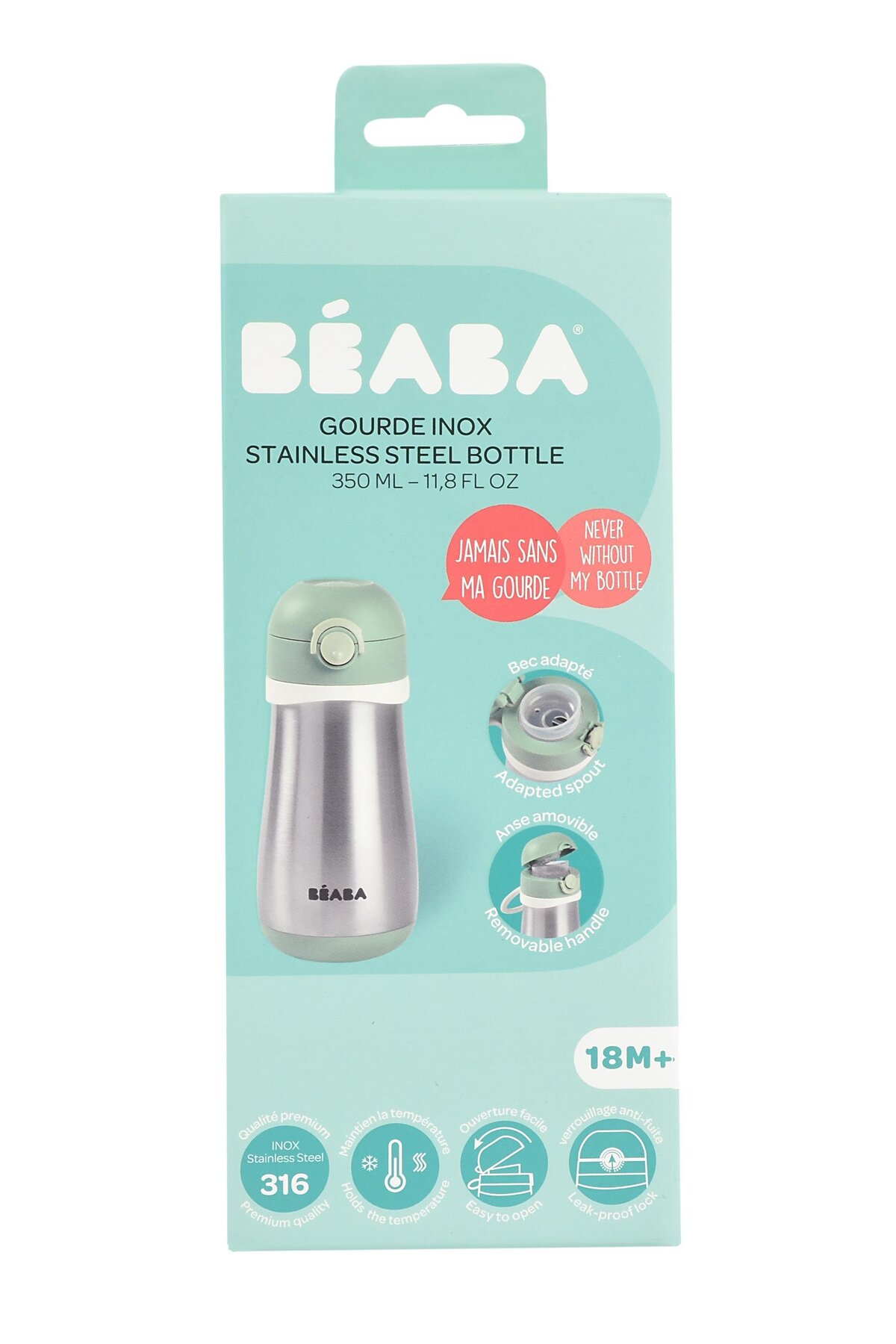 Beaba Paslanmaz Çelik Suluk 350 ml, Sage green fotoğrafı 4 (önizleme)