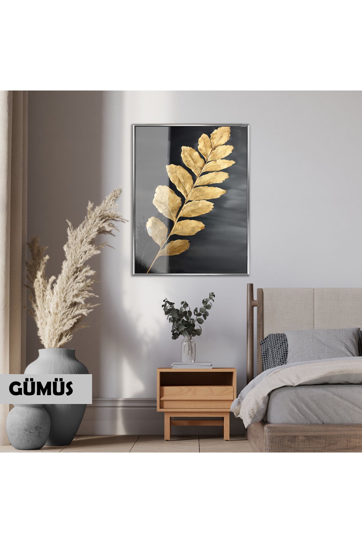 Harikabirev HARİKABİREV|PARLAK GOLD YAPRAK MODELİ 01 |ÇERÇEVELİ TEMPERLİ CAM TABLO TEKLİ DİKEY