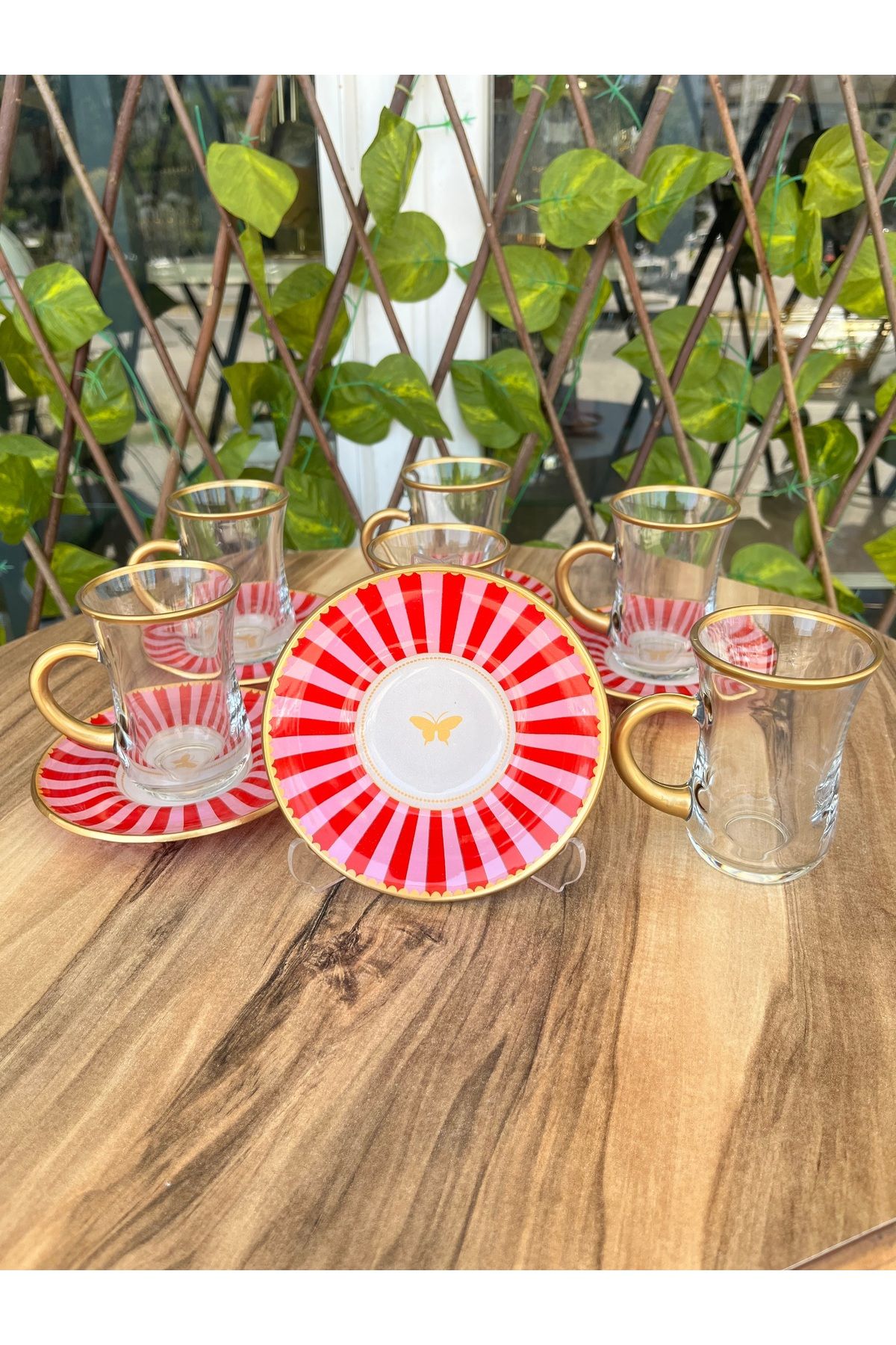 GÜRCÜGLASS Pembe kelebek çay seti 12 prç kulplu