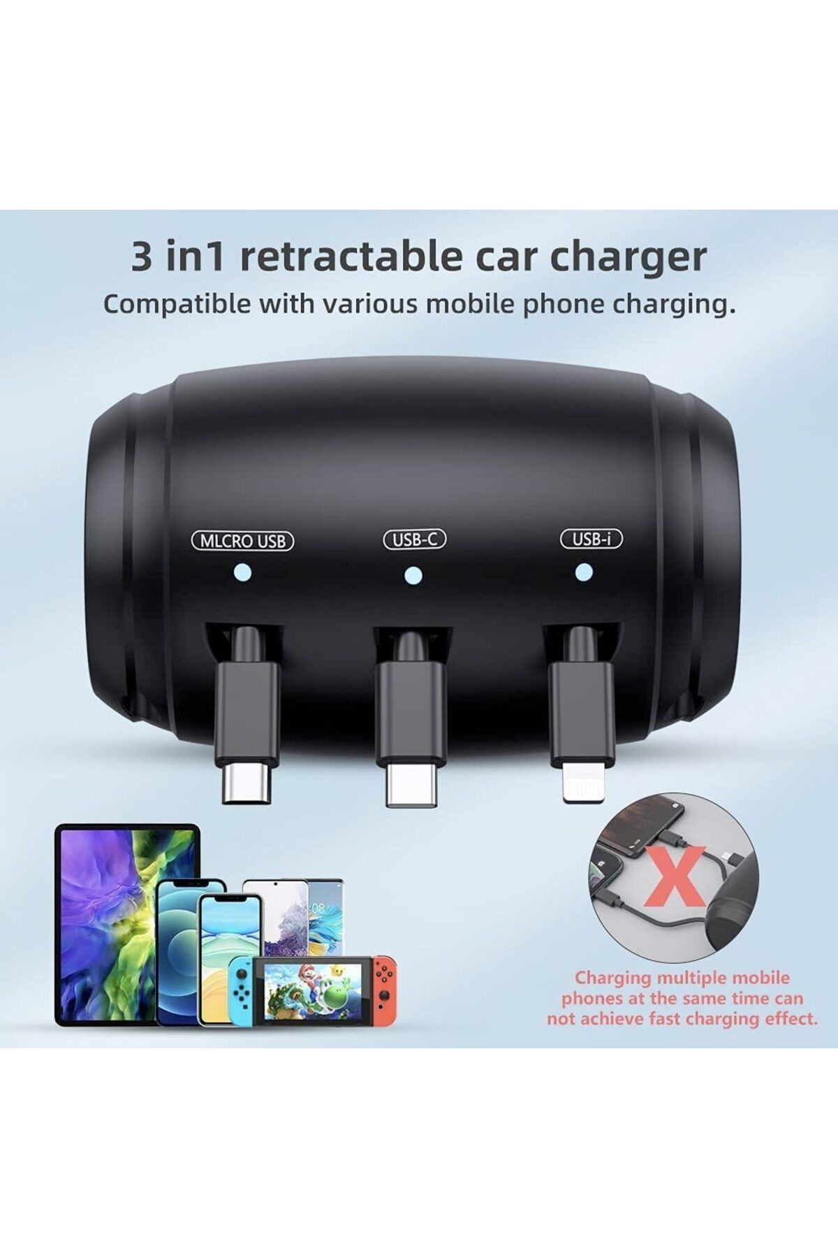 Quasar & Co.-3 In 1 Car Charging Station, Retractable, Compatible Android, Ios, Type C, Black 3