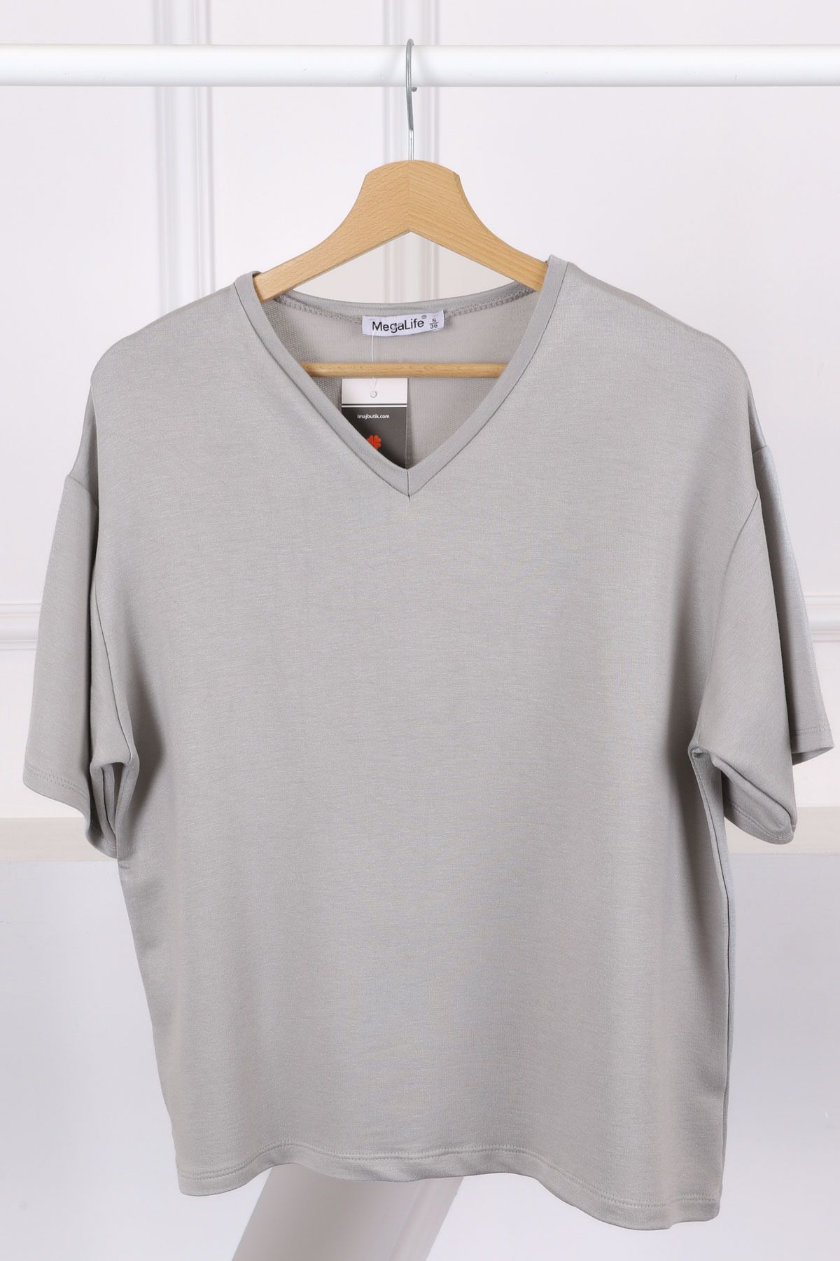 İmajButik Gri V Yaka Kısa Kol T-Shirt
