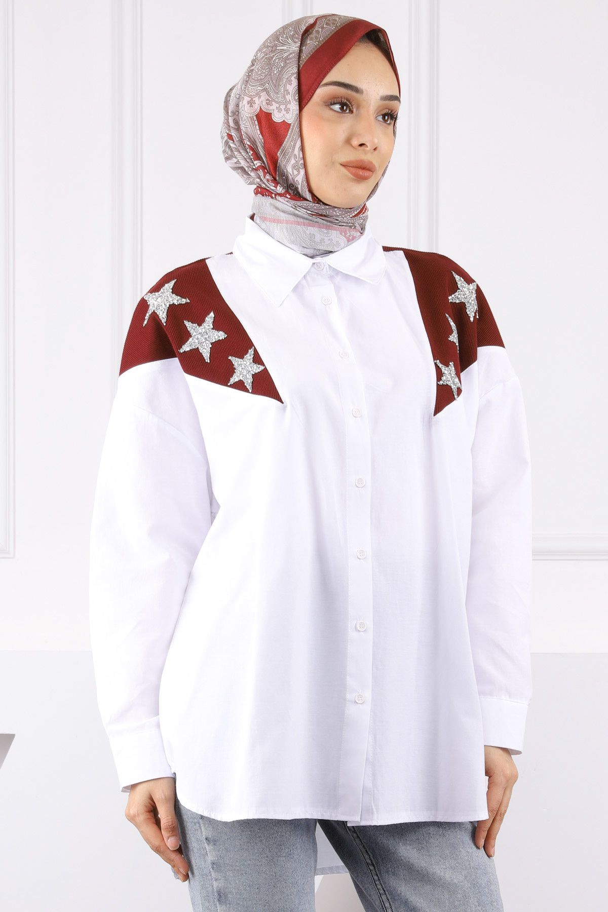 İmajButik Bordo Garnili Taş Detaylı Gömlek