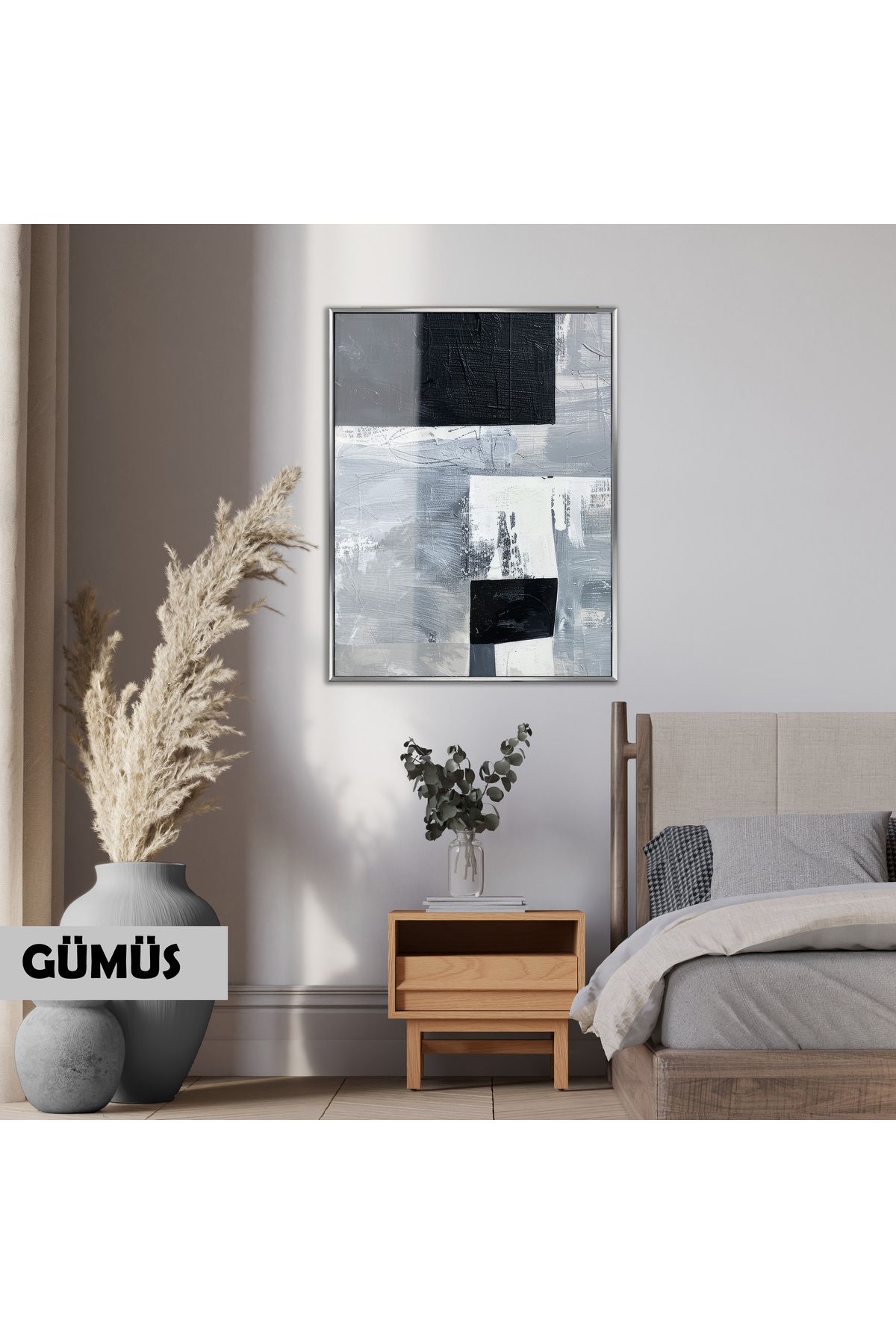 Harikabirev HARİKABİREV|SOYUT|GRİ SİYAH MODEL (PAINTED)|ÇERÇEVELİ TEMPERLİ CAM TABLO TEKLİ DİKEY