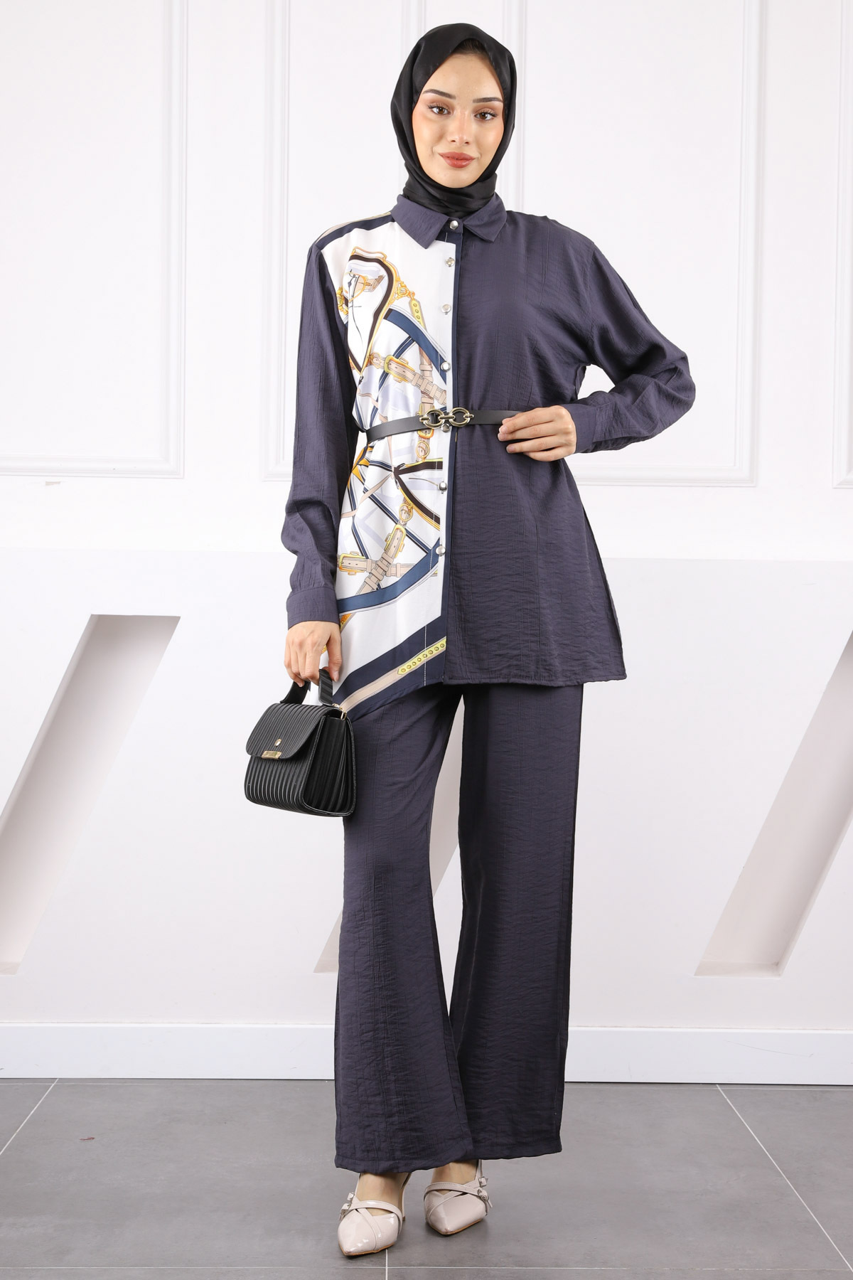 İmajButik-Anthracite Patterned Modal Tunic Trouser Suit 2