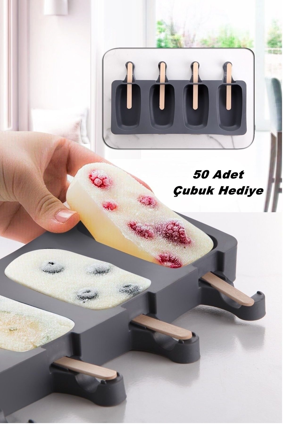 Kitchen Live Magnum 4'lü Silikon Dondurma Kalıbı Mini Boy Antrasit Renk - 50 Adet Dondurma Çubuğu Hediye