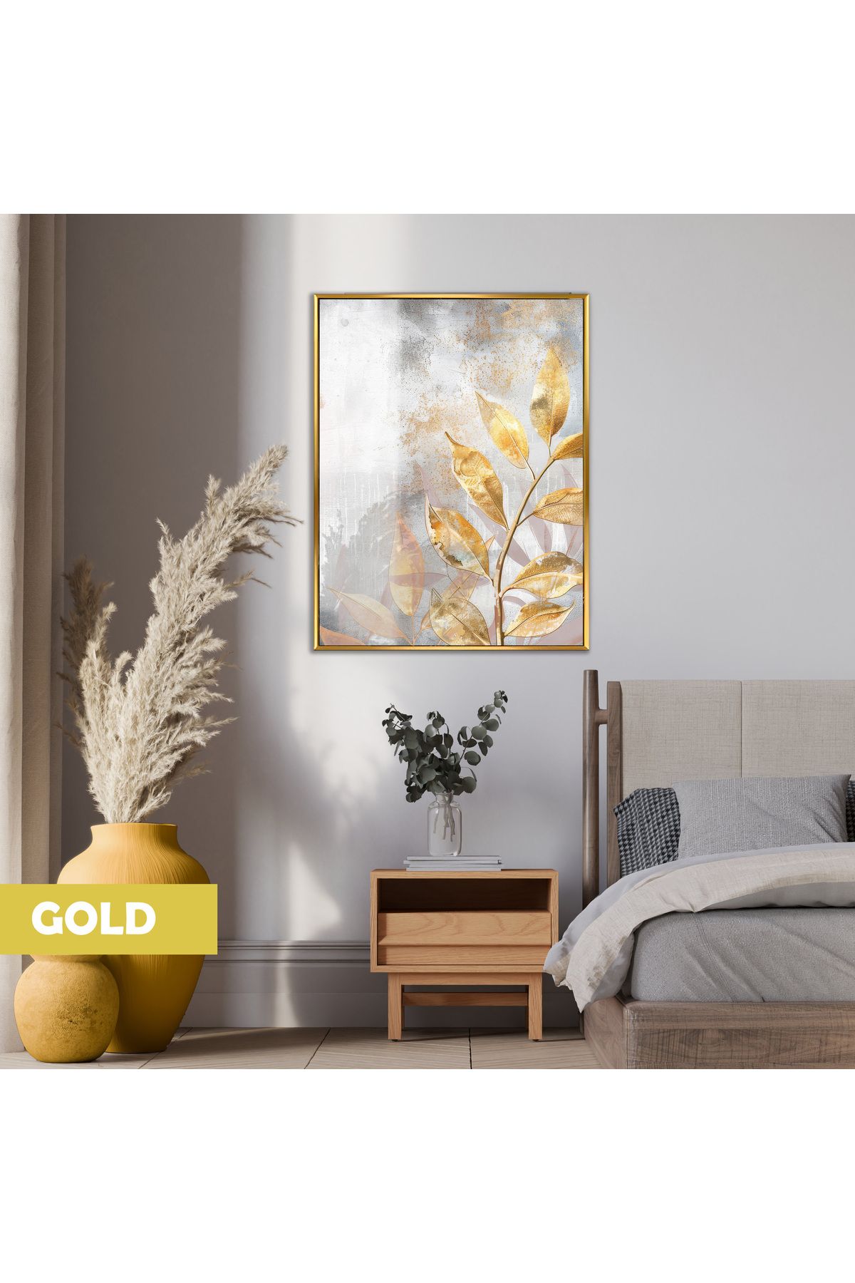 Harikabirev HARİKABİREV|02 GRİ-GOLD MODERN YAPRAK MODELİ |ÇERÇEVELİ TEMPERLİ CAM TABLO TEKLİ DİKEY
