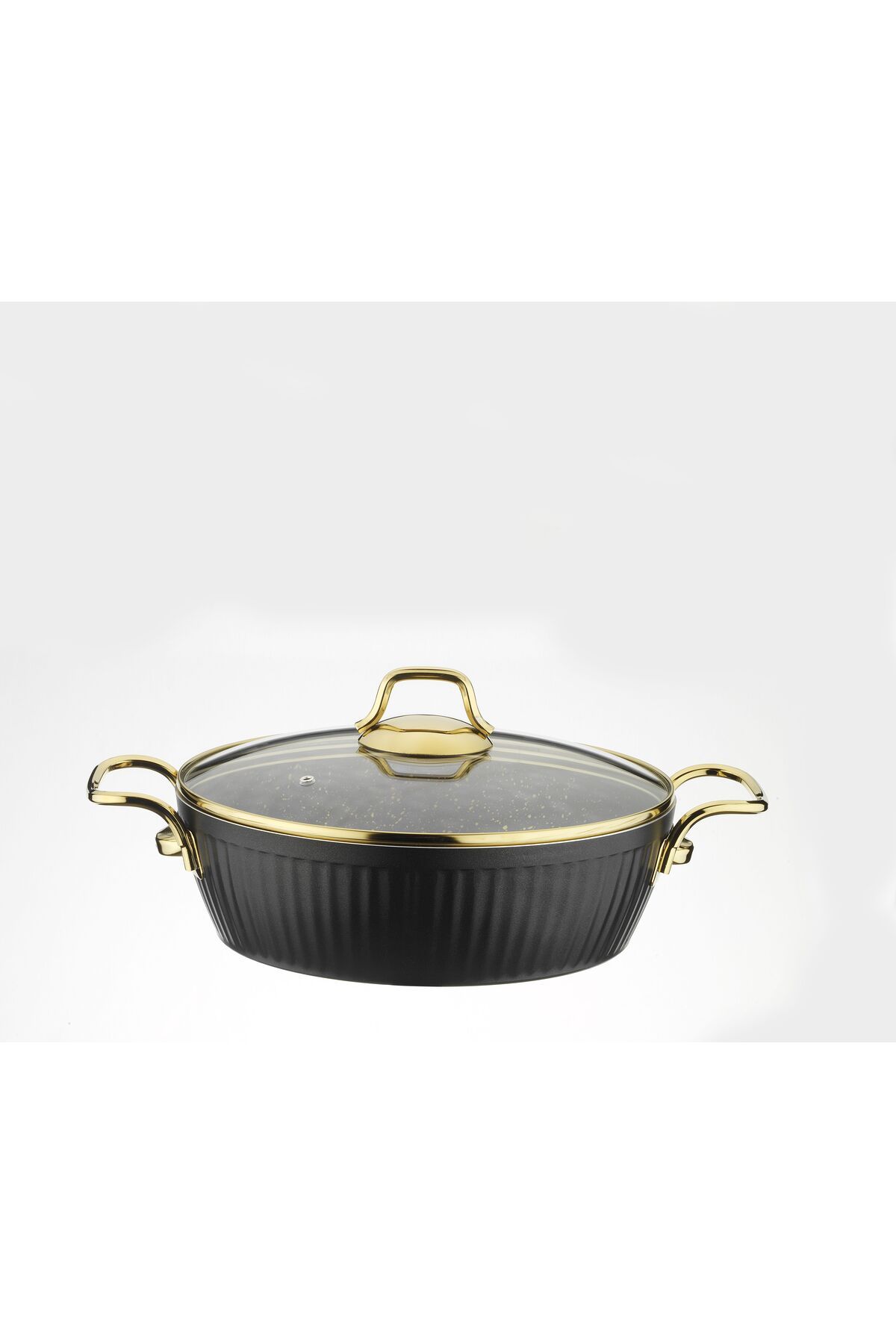 Lines Maya Granit Desenli Basık Tencere Altın Kulp Siyah 28 Cm