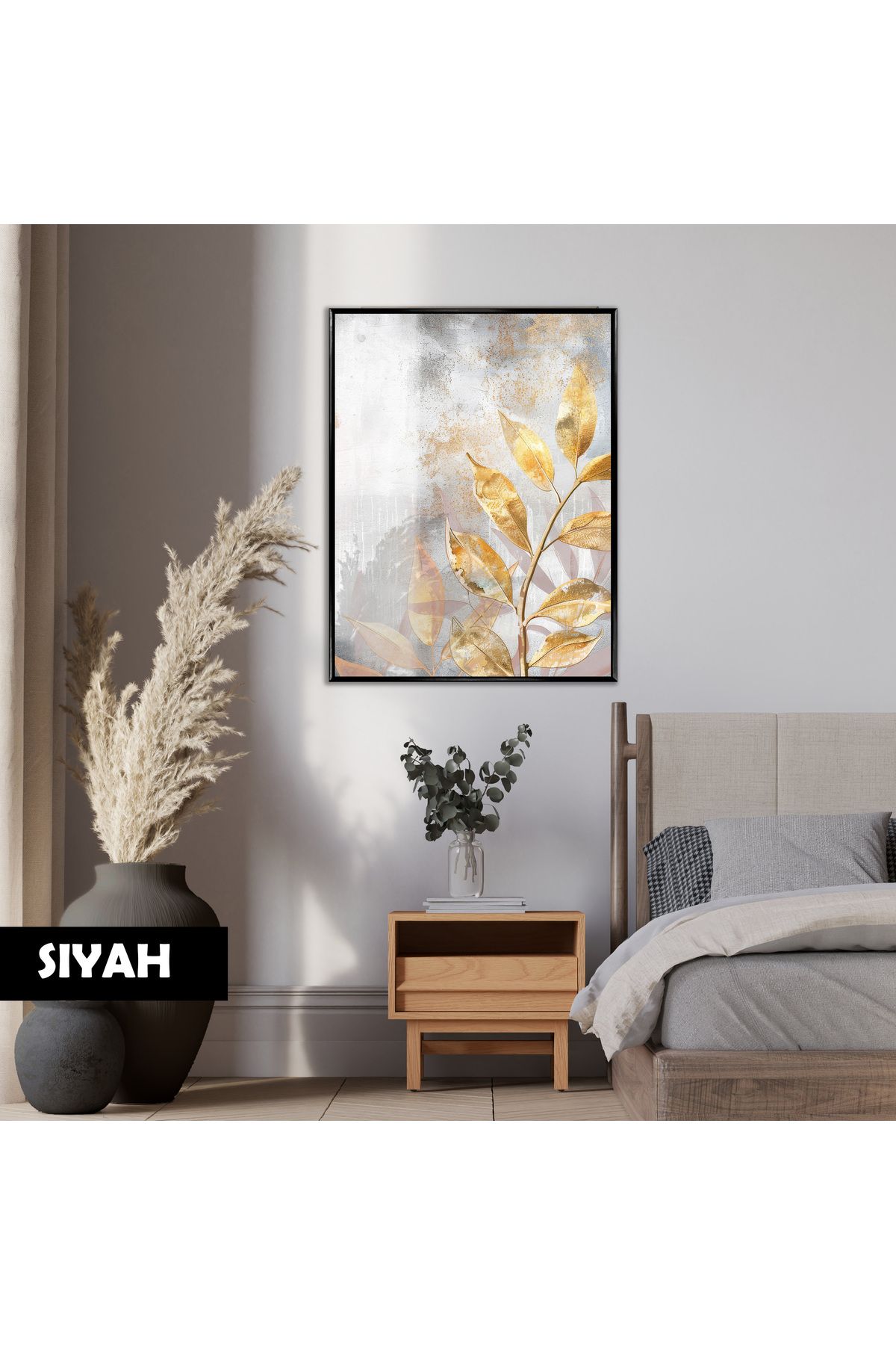 Harikabirev HARİKABİREV|02 GRİ-GOLD MODERN YAPRAK MODELİ |ÇERÇEVELİ TEMPERLİ CAM TABLO TEKLİ DİKEY