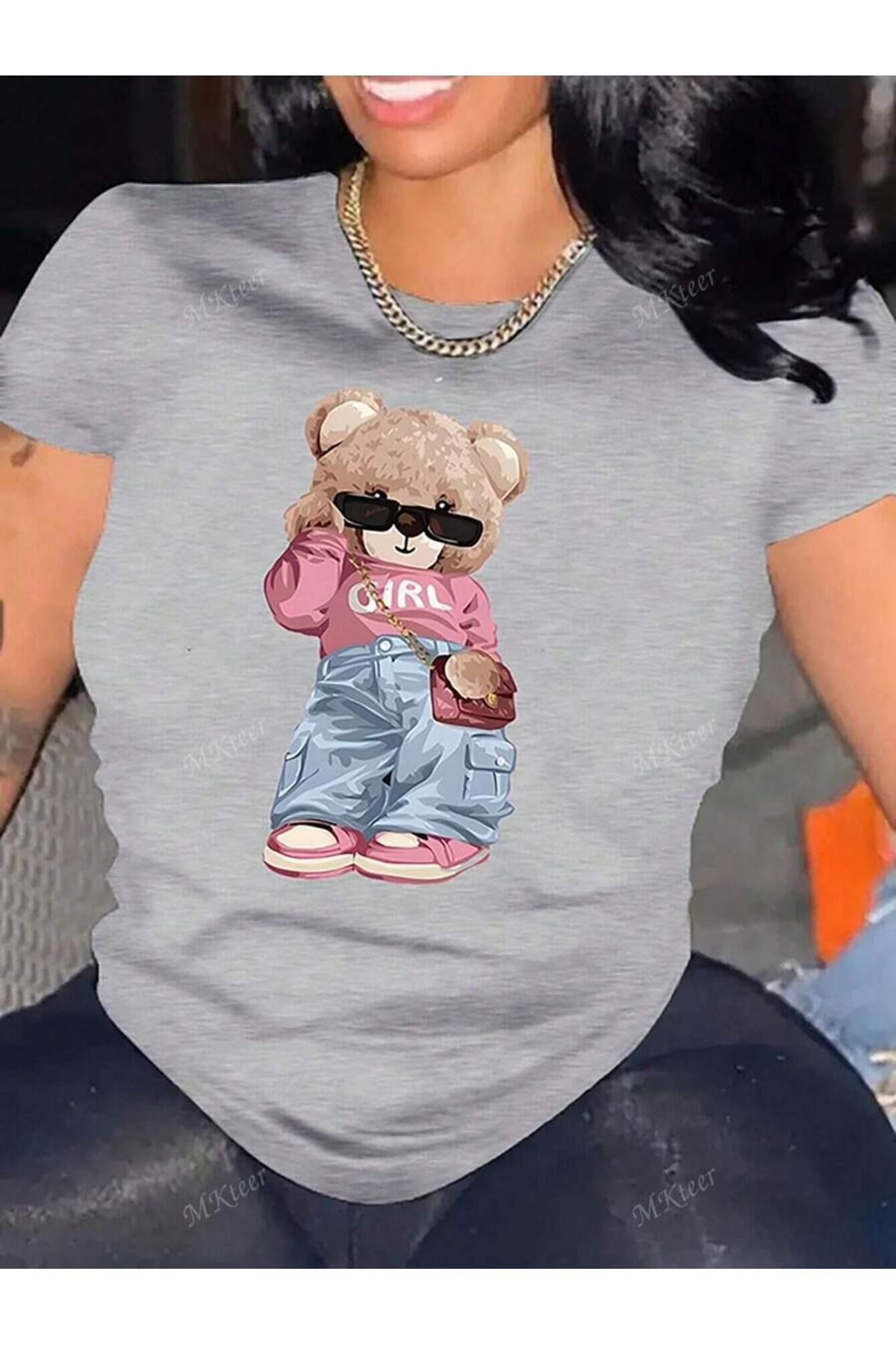 OVER HEAD Kadın Cool Girl Sevimli Ayıcık Baskılı Oversize T-shirt