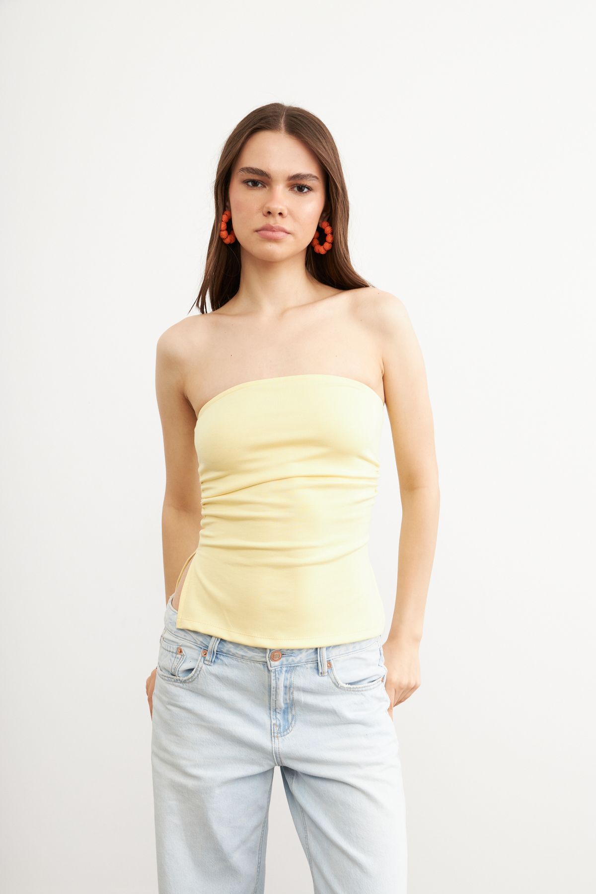 Ladima Kadın Butter Yellow Straplez Yanları Yırtmaçlı Modal Yumuşak Dokulu Bluz