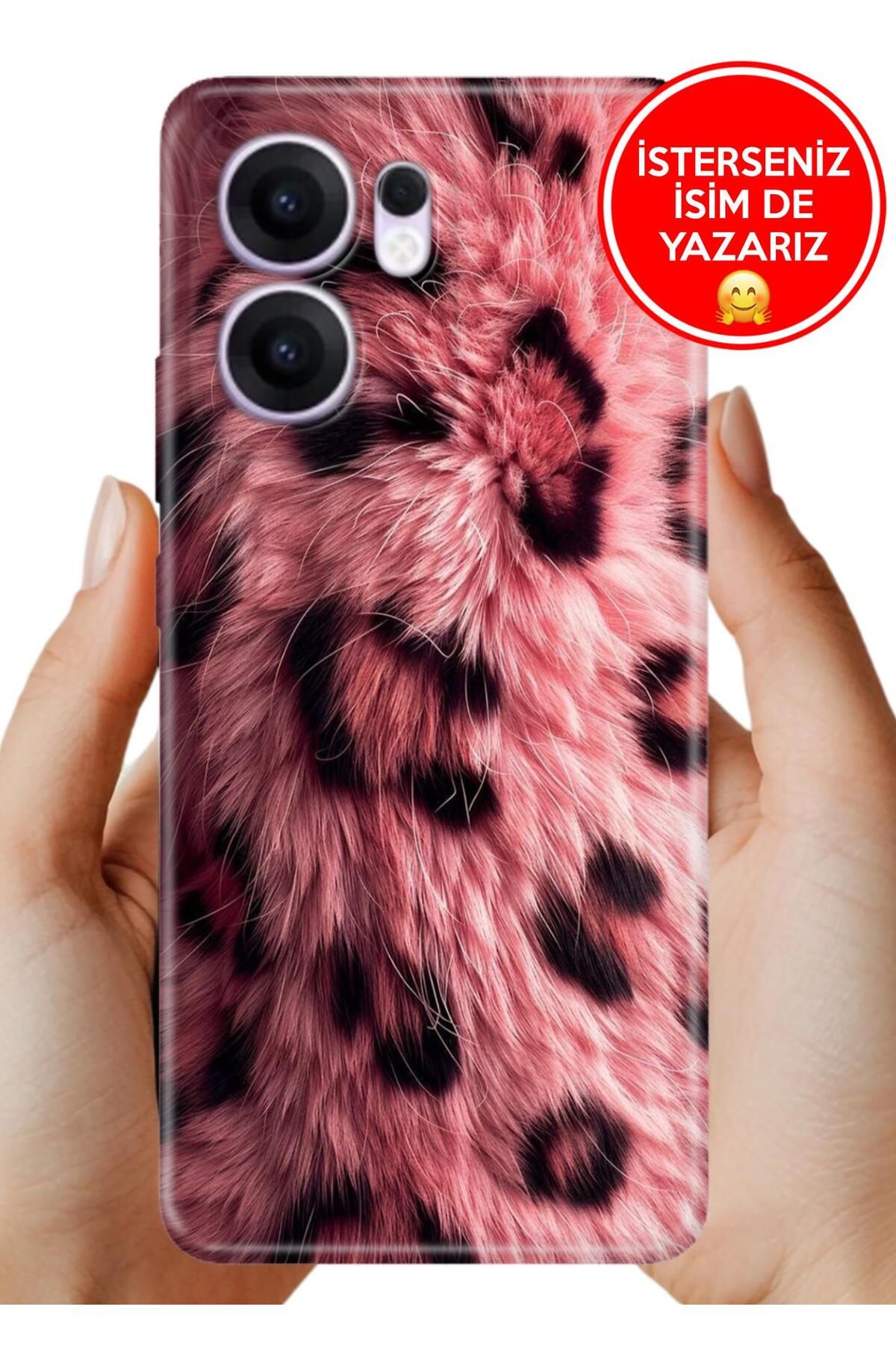 OPPO Reno 13F 5g Kılıf Oppo Reno 13F Desenli Şeffaf Kılıf Üzeri Silikon Pembe Çitah