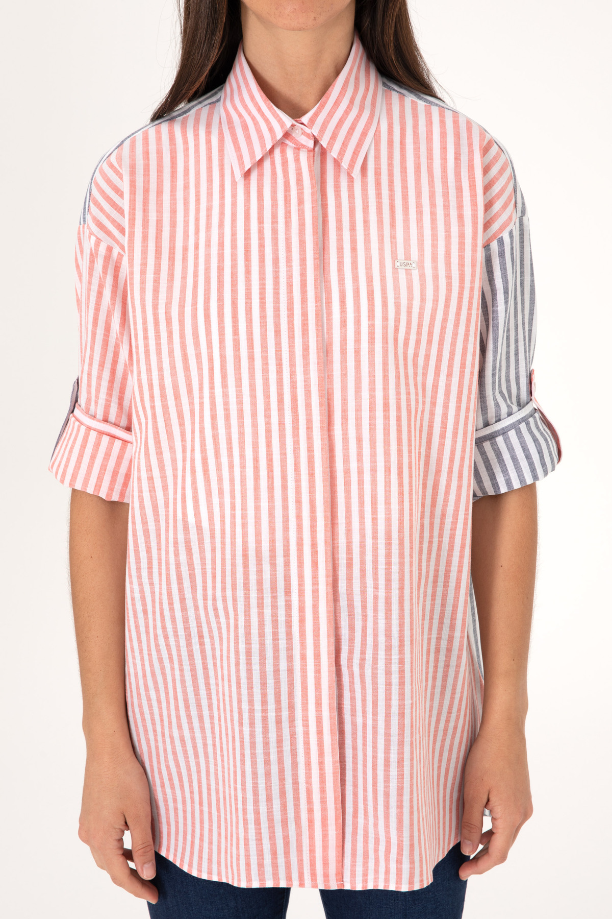 U.S. Polo Assn.  Kadın Vişne Çizgili Uzun Kollu Tunik Gömlek 50307656-VR223 - Görsel 6