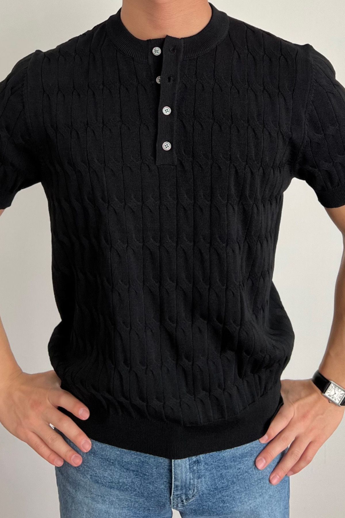 COOL TARZ Erkek Siyah Hakim Yaka Düğmeli Slim Fit Triko T-Shirt