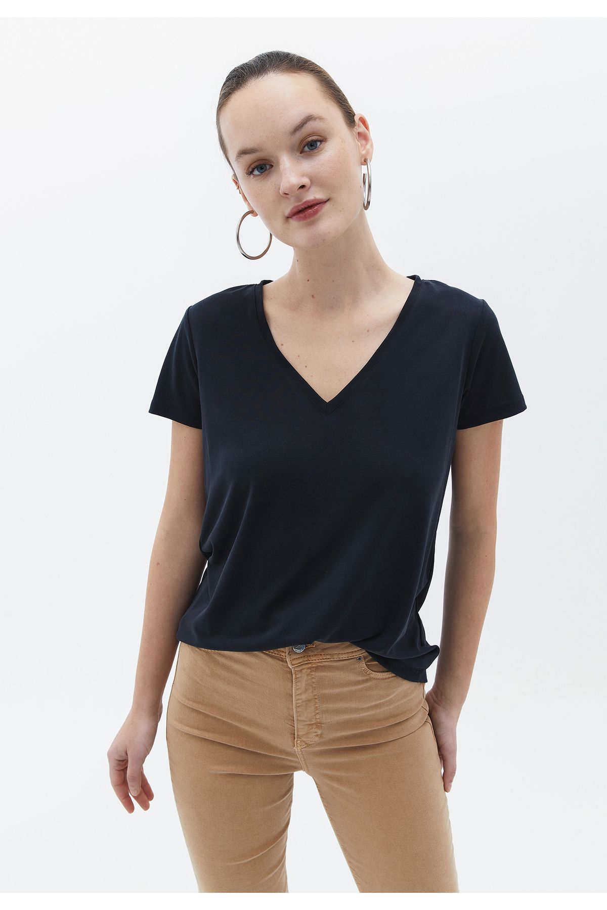 MERİCEY Kadın Viskon Kısa Kollu V Yaka Tişört – Esnek Kumaş Basic T-Shirt