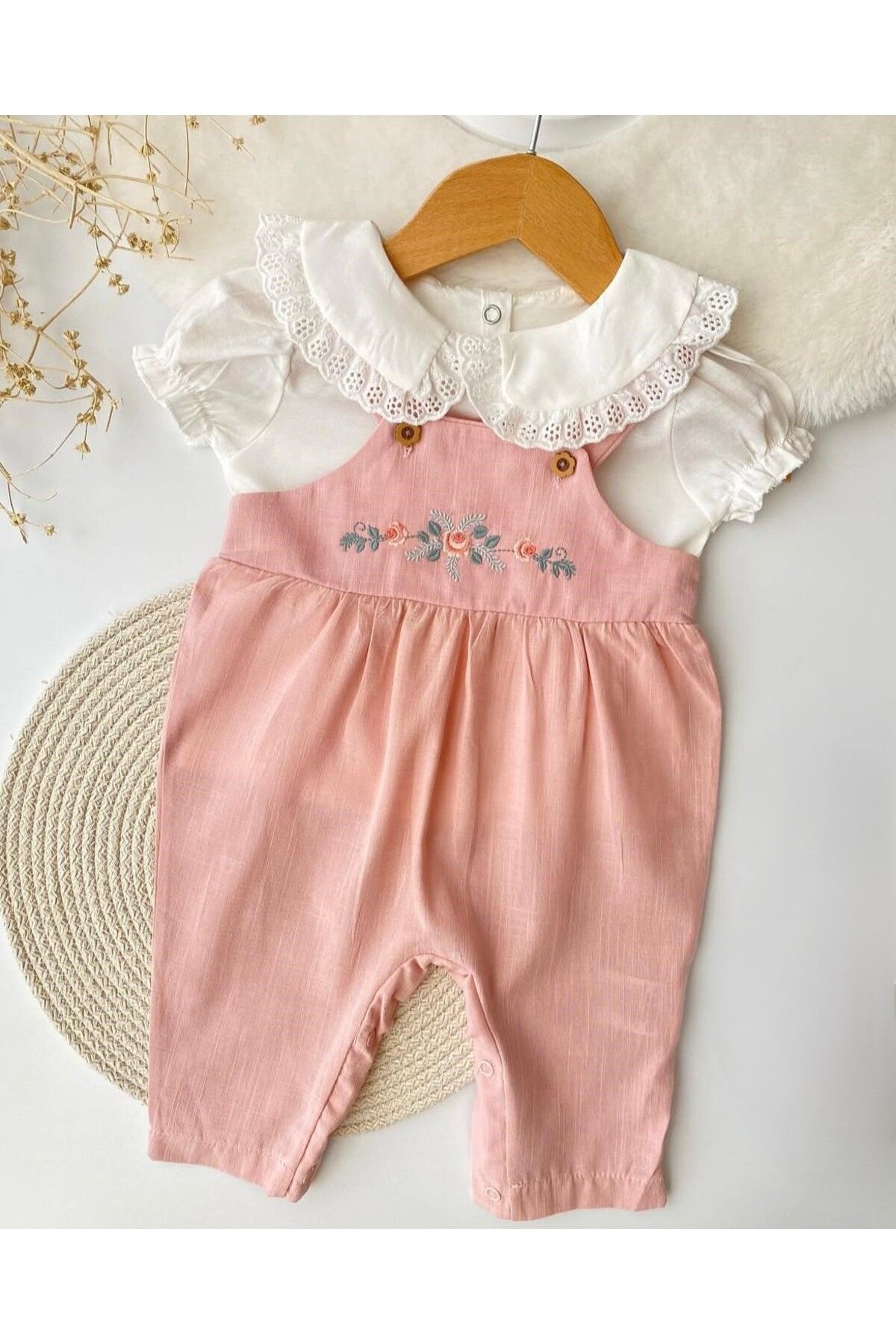 Serackids Çiçek Nakışlı Salopet 2 li Takım