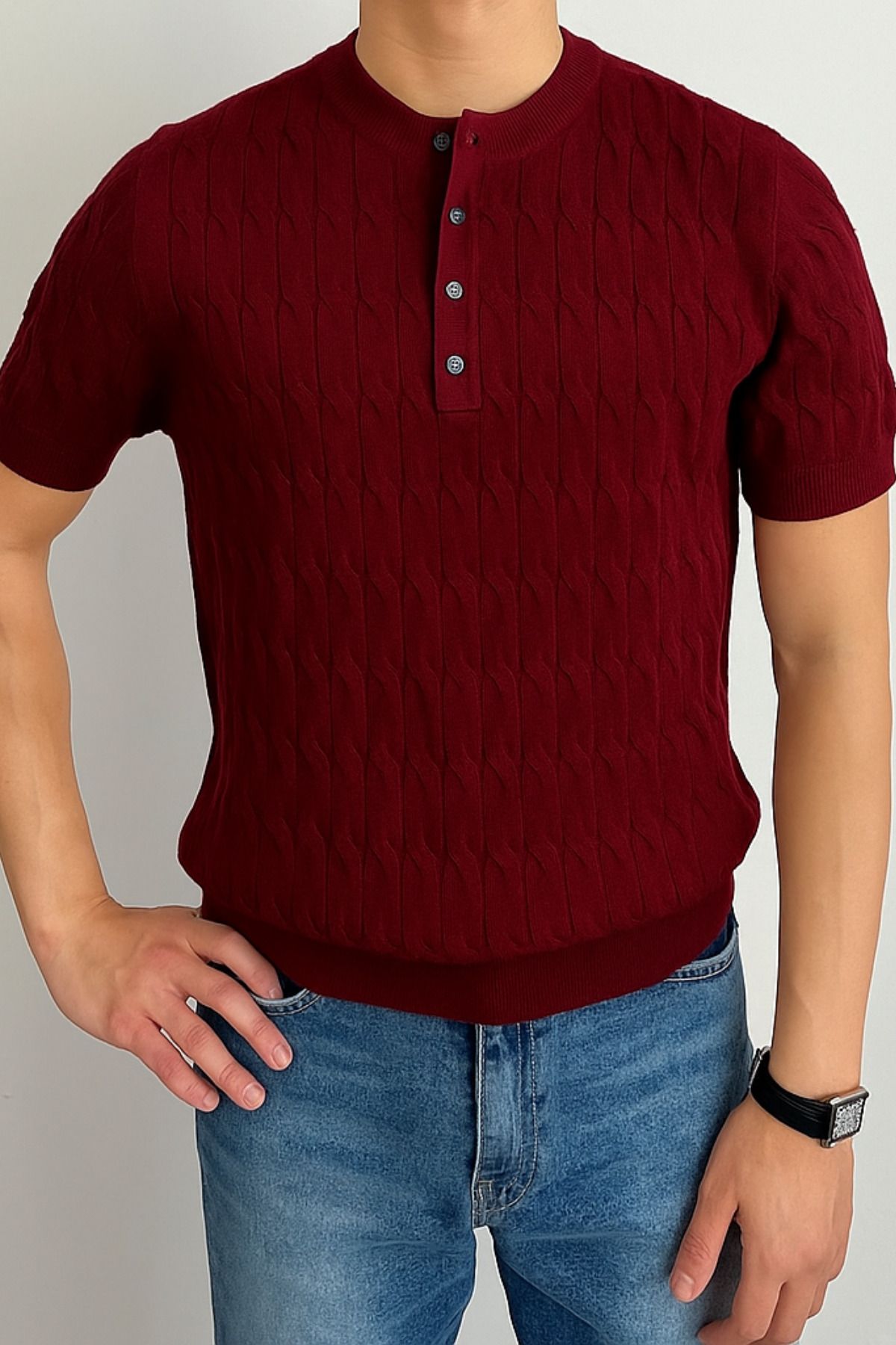 COOL TARZ Erkek Bordo Hakim Yaka Düğmeli Slim Fit Triko T-Shirt