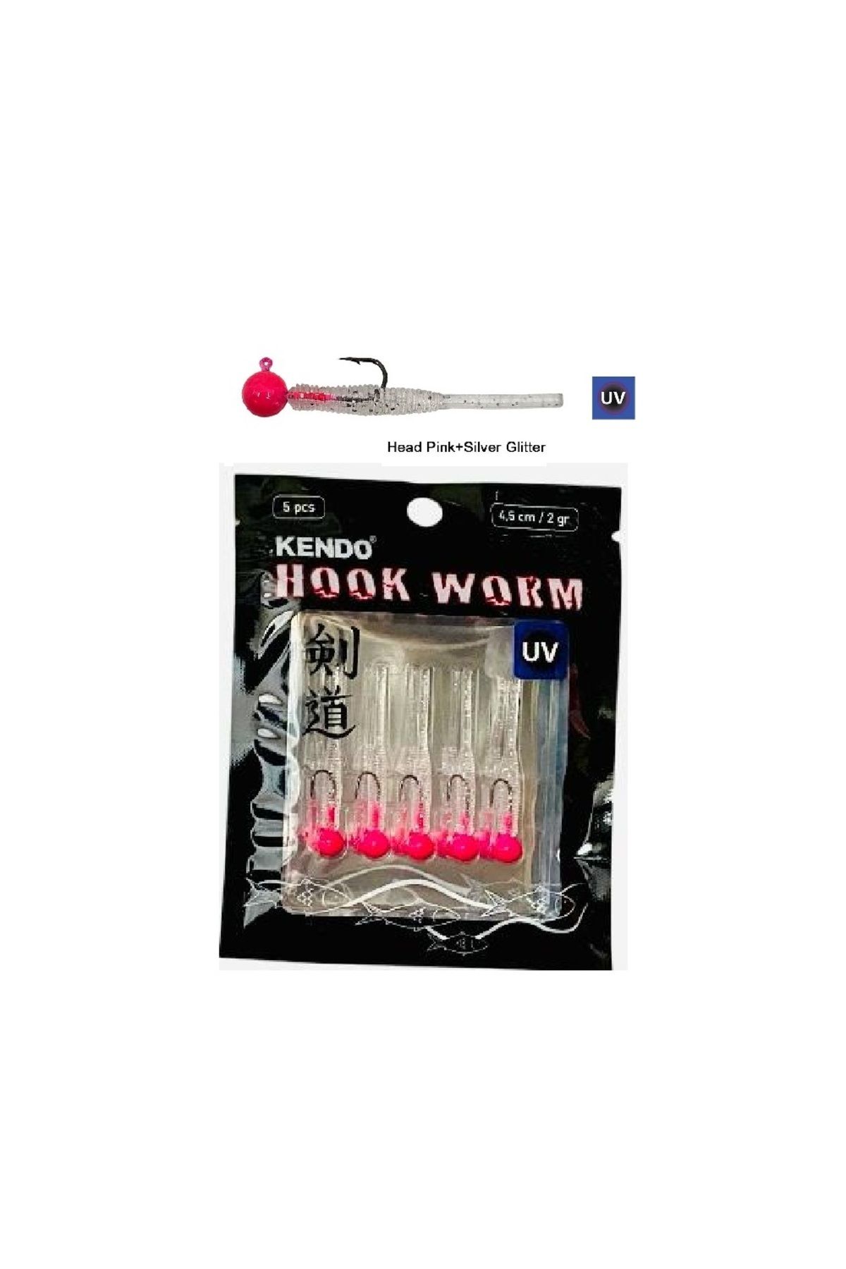 Kendo Hook Worm Jig head'Li Hazır Lrf Silikonu 2gr+4.5cm 5 Adet Head Pink+Silver Glitter