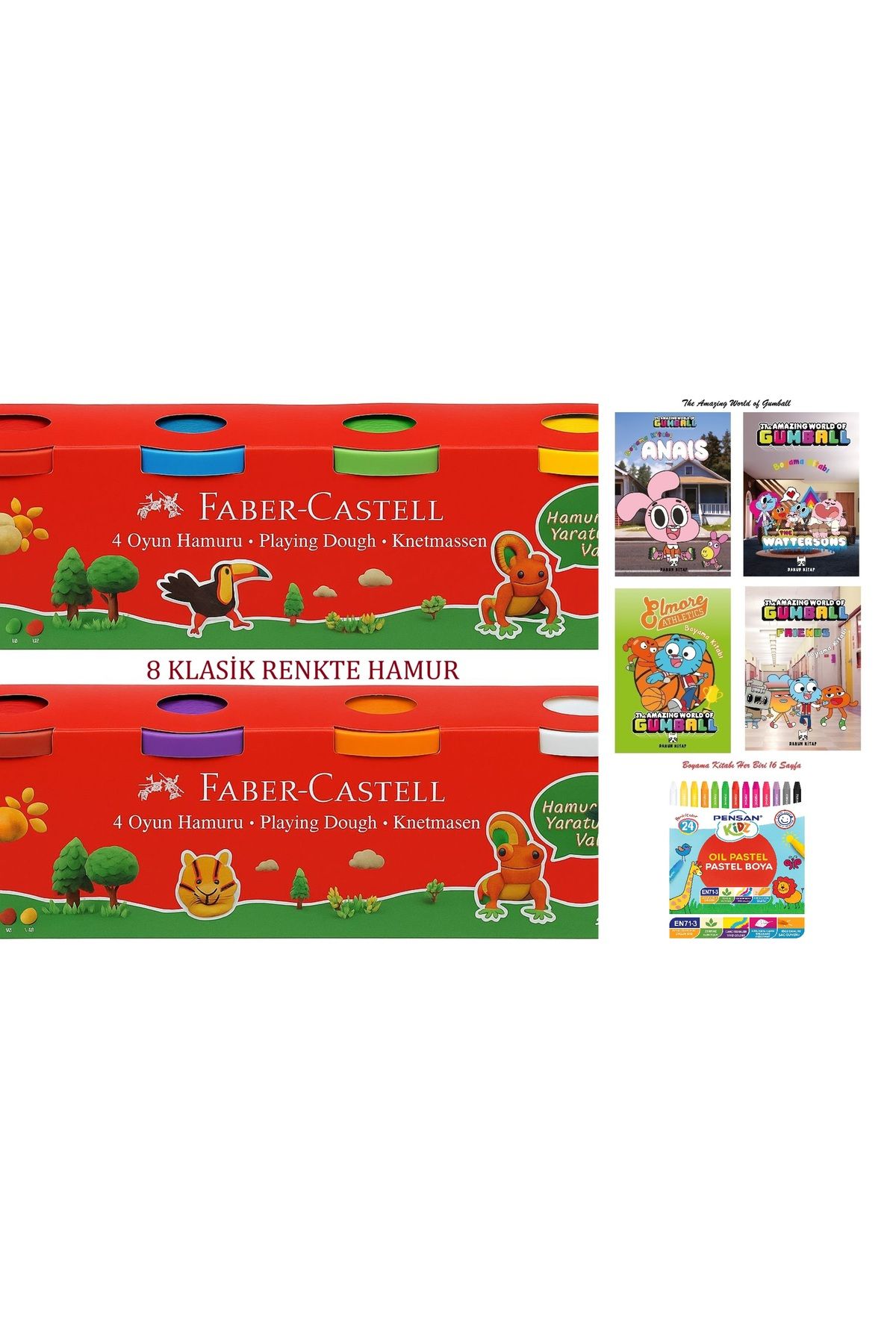 Faber Castell 8 Renk Klasik Renk Oyun Hamuru ve The Gumball 16 Syf 4 Adet Boyama Kitabı+Pensan 24'Lü Pastel Boya