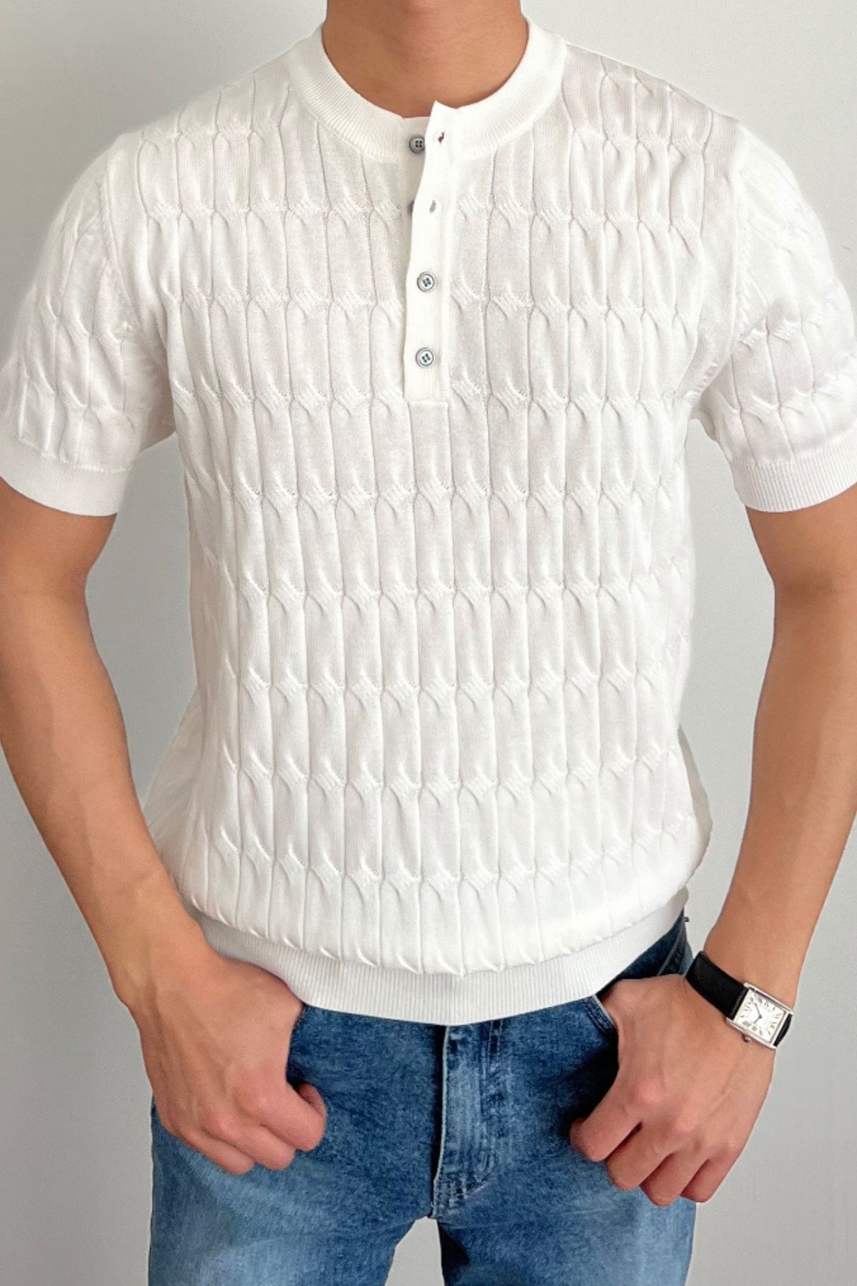 COOL TARZ Erkek Beyaz Hakim Yaka Düğmeli Slim Fit Triko T-Shirt