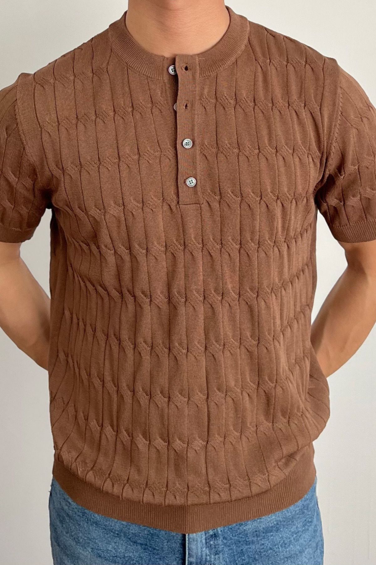 COOL TARZ Erkek Kahverengi Hakim Yaka Düğmeli Slim Fit Triko T-Shirt