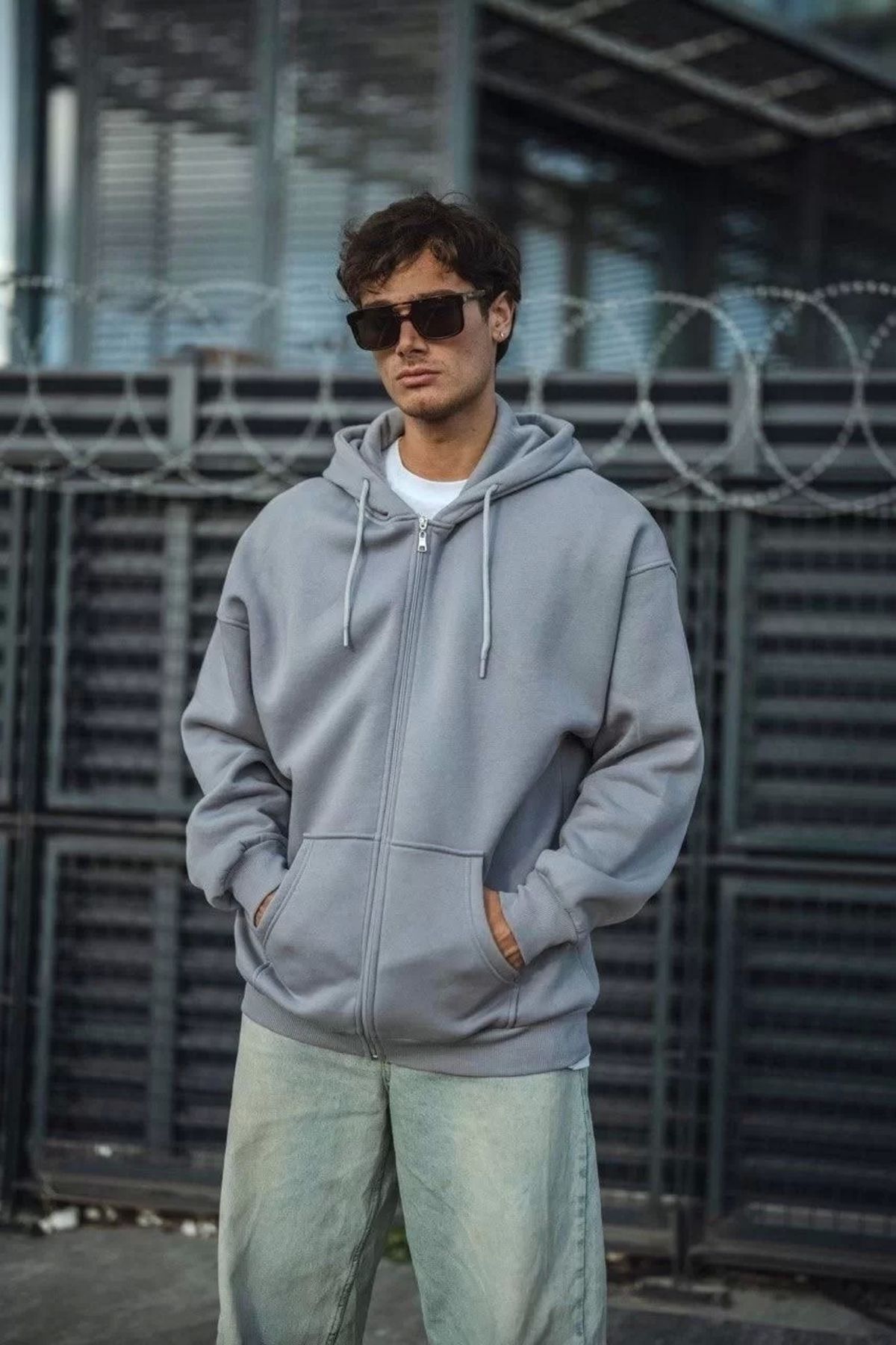 MODA CS Oversize Tam Fermuarlı Uzun Kol Hırka - Gri