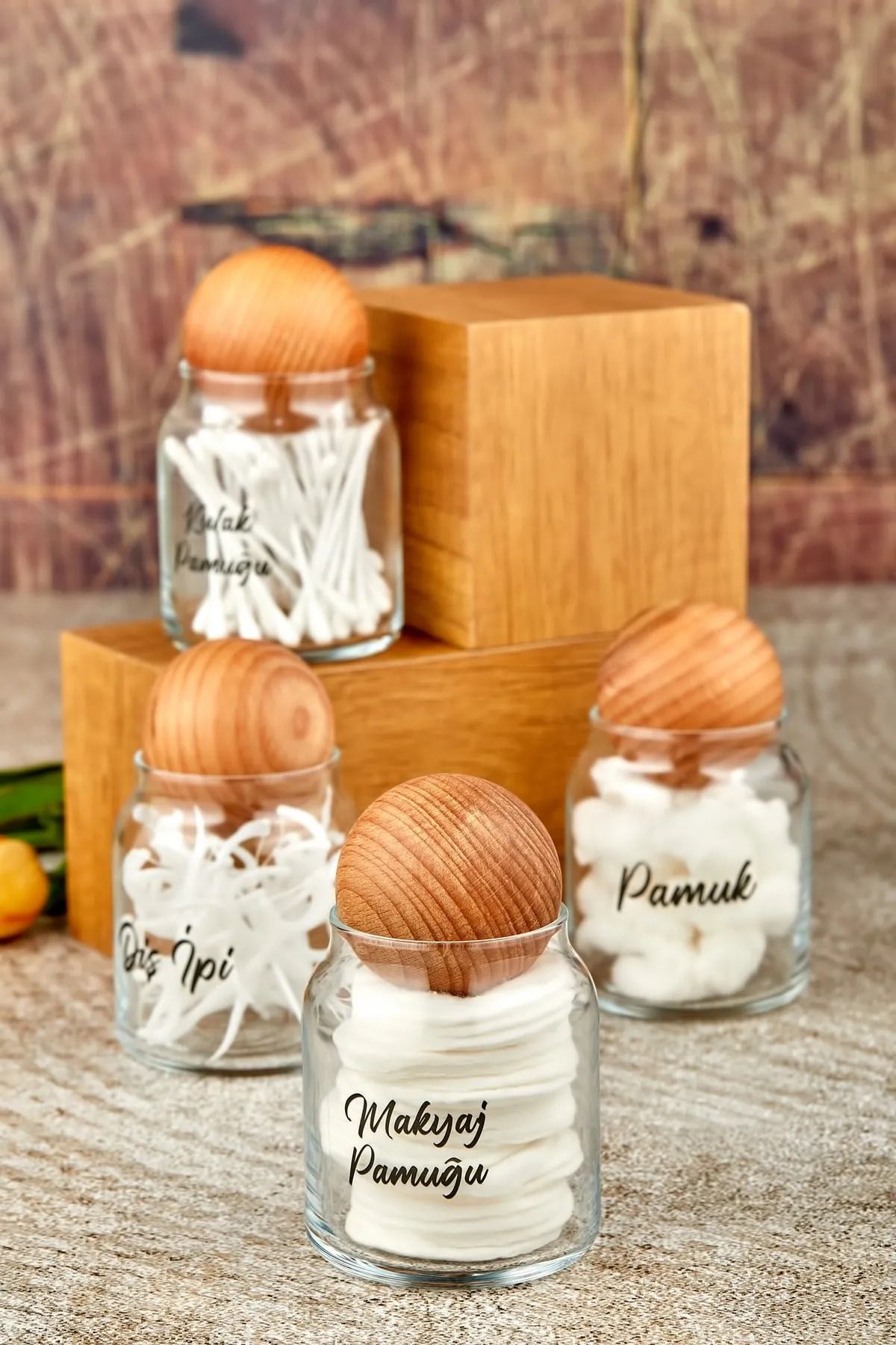 Reyok Home 4'lü Top Kapaklı Cam Kulak Pamuğu & Makyaj Pamuğu & Diş Ipi & Pamukluk 300 Ml