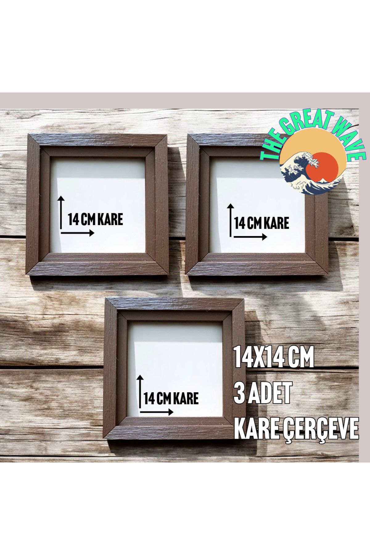 The Great Wave 3'lü Ağaç Desenli Plastik Kare Çerçeve Seti (14x14 cm - Ahşap Dokulu, görünümlü - Kahve,Krem,Siyah)