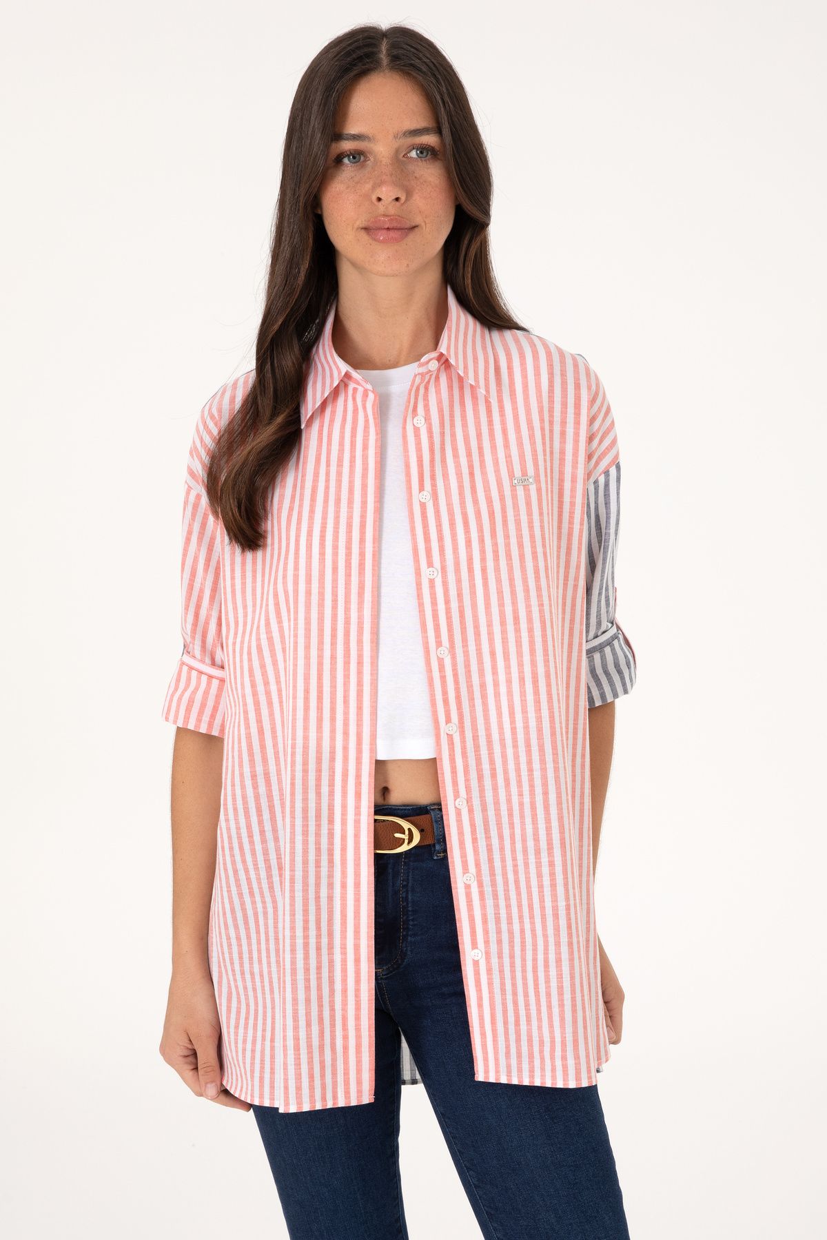 U.S. Polo Assn.  Kadın Vişne Çizgili Uzun Kollu Tunik Gömlek 50307656-VR223 - Görsel 3