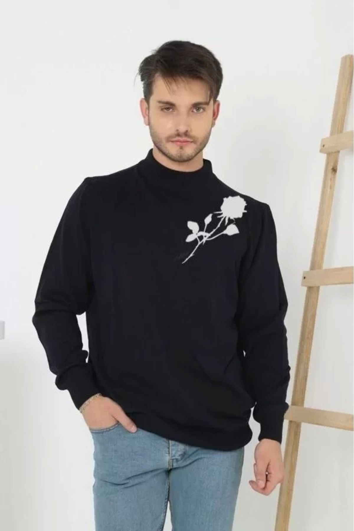 MODA CS Baskılı Yarım Boğazlı Uzun Kol Dokuma Triko - Siyah