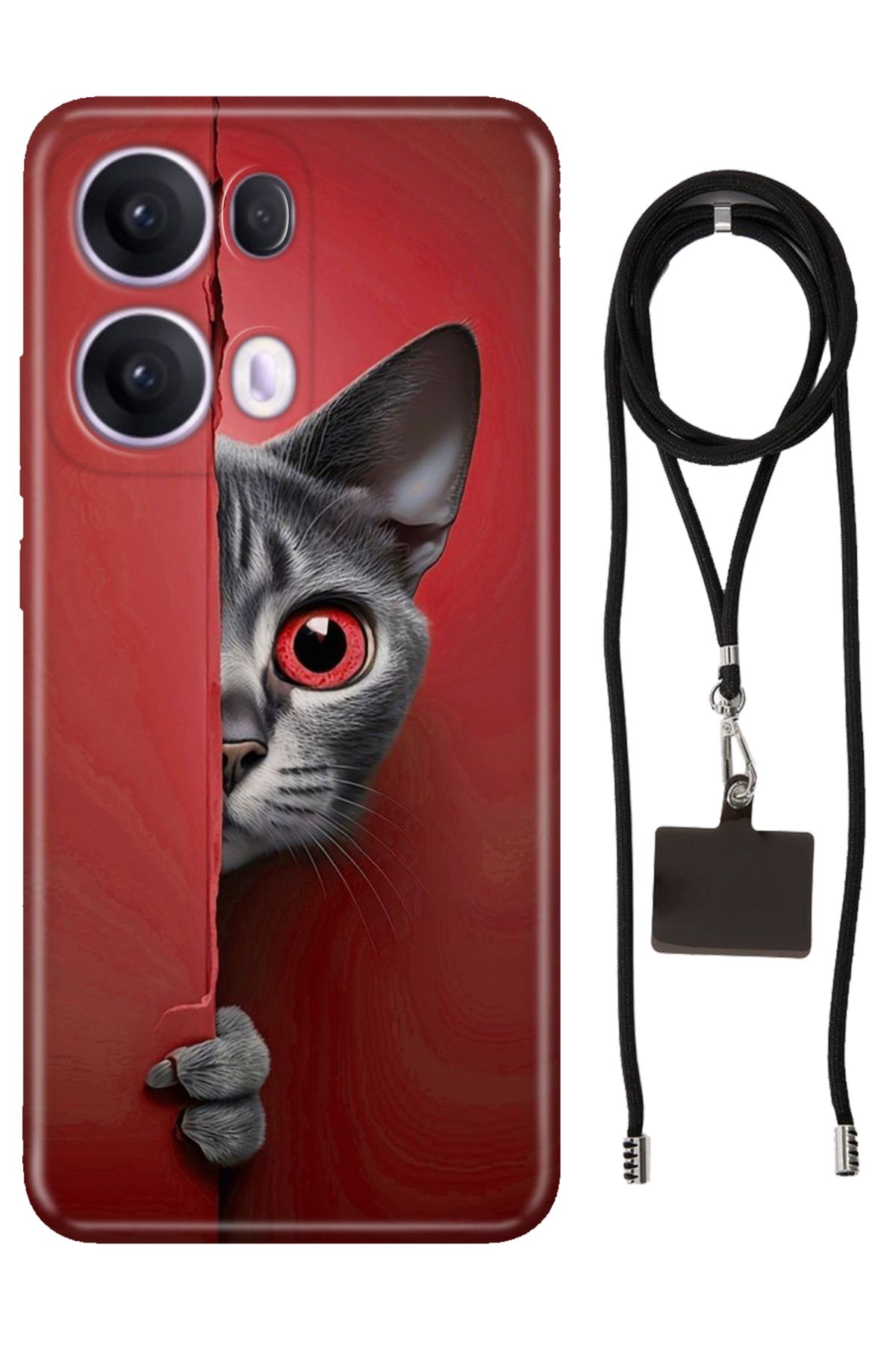 OPPO Reno 13 Pro Oppo Kılıf Silikon Red Cat İpli Boyun Askısı