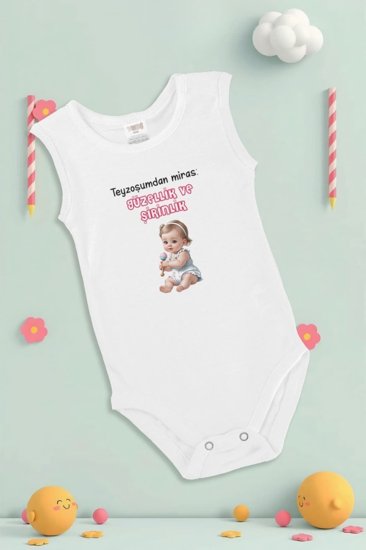 yuga kids Pamuklu Baskılı Beyaz Yenidoğan Zıbın - Teyze Baskı
