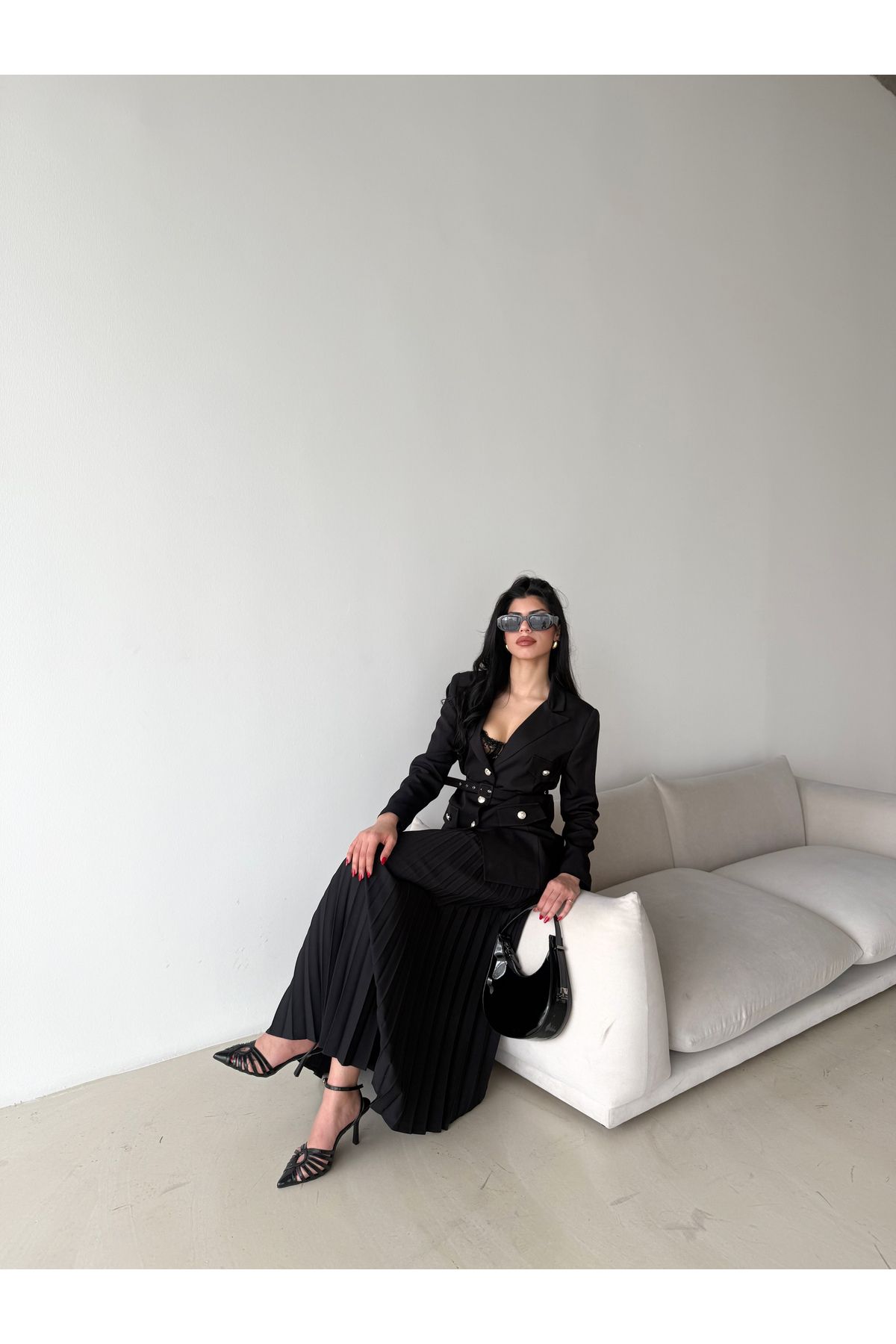 Female Clothing Kemerli Blazer Ceket Piliseli Etek Takım