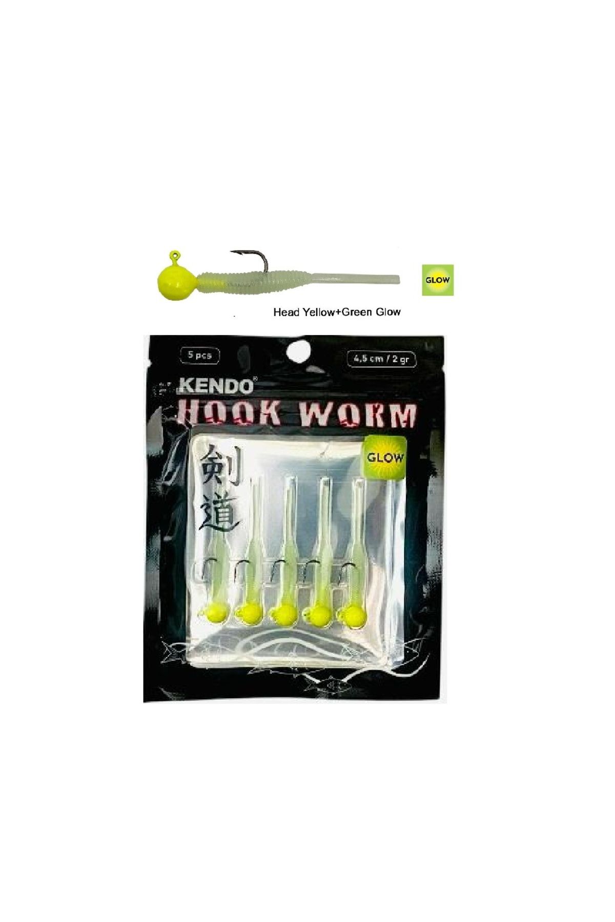Kendo Hook Worm Jig head'Li Hazır Lrf Silikonu 2gr+4.5cm 5 Adet Head Yellow+Green Glow