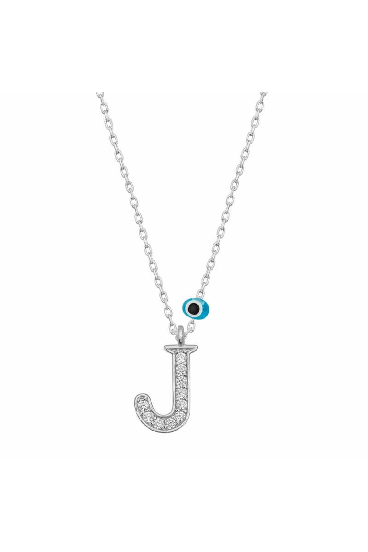 gizmurstore 925 Ayar Gümüş Nazar Rodyum J Harfi Kadın Gümüş Kolye (T6815) (336336)