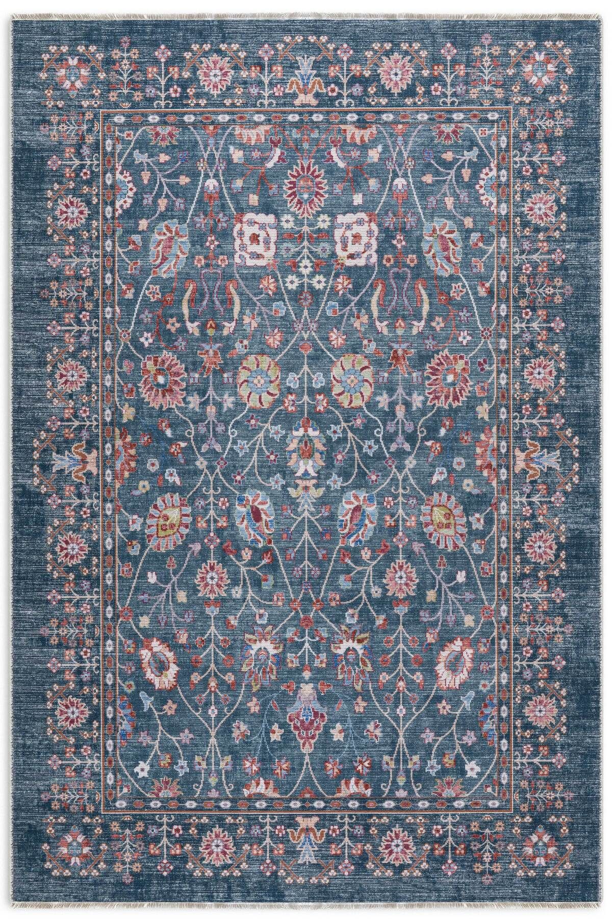 Pastel Home Eskitme mavi etnik desenli şönil kendinden saçaklı halı kilim yolluk yıkanabilir kaymaz taban