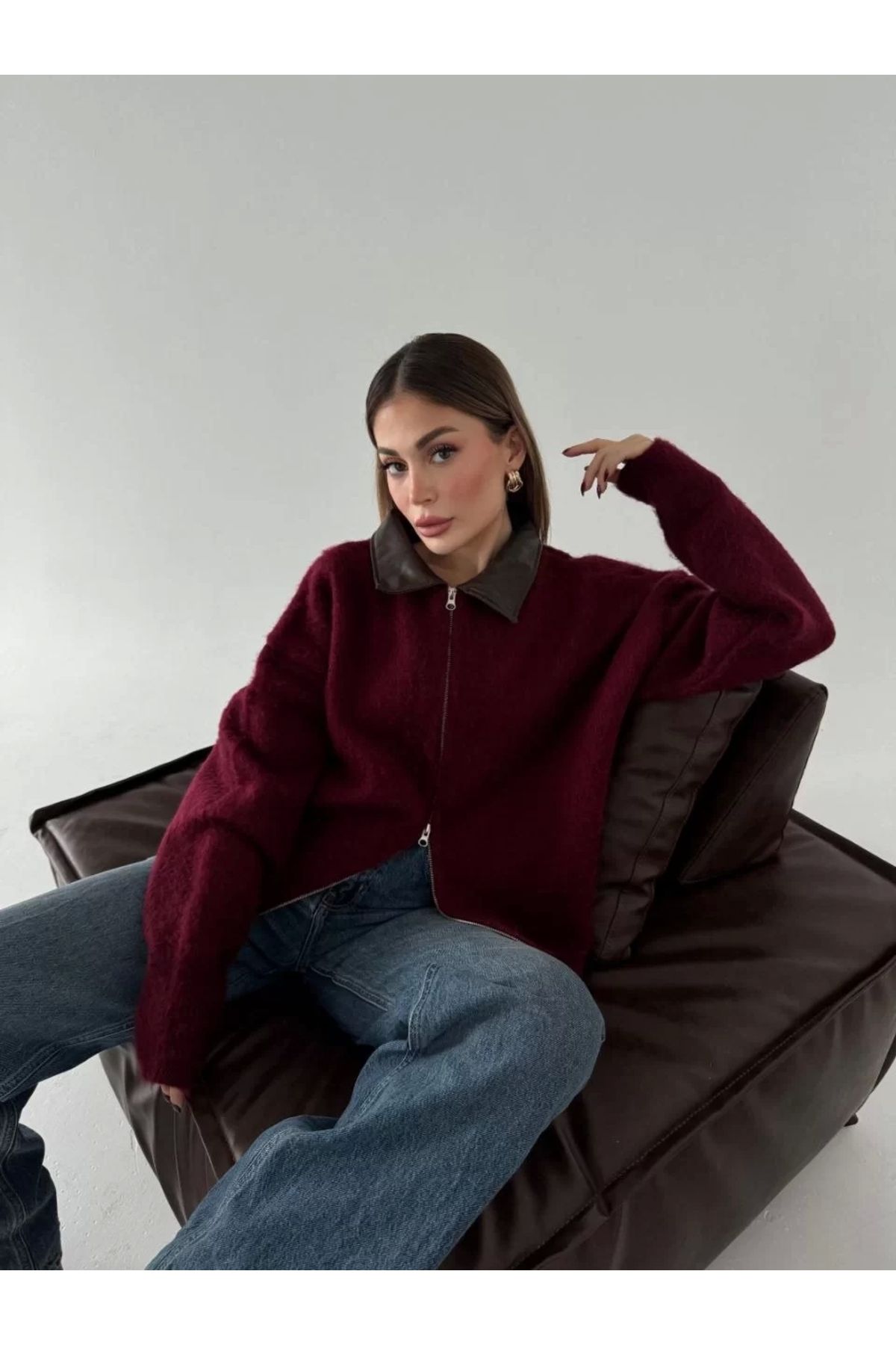 MODA CS Deri Yakalı Pamuk dokulu Çift Taraflı Çalışan Fermuar Ceket - Bordo