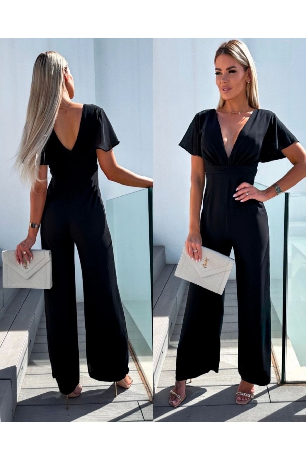 Butik Kadın Kısa Kollu Kruvaze Yaka Sırt Dekolteli Pegasus Kumaş Tulum