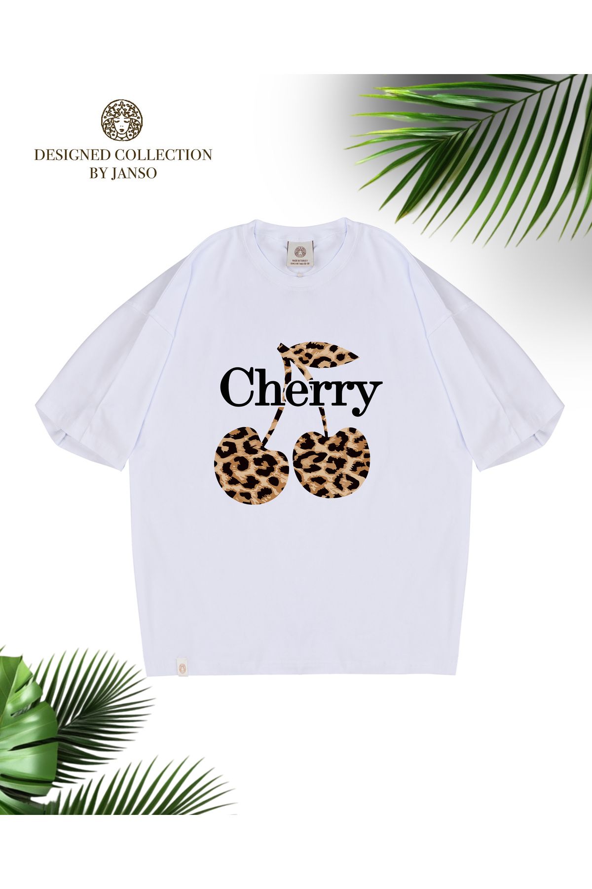 LOU MODA -KADIN PAMUKLU BASKILI Cherry Tiger KISA KOLLU TSHIRT OVERSİZE BÜYÜK BEDEN