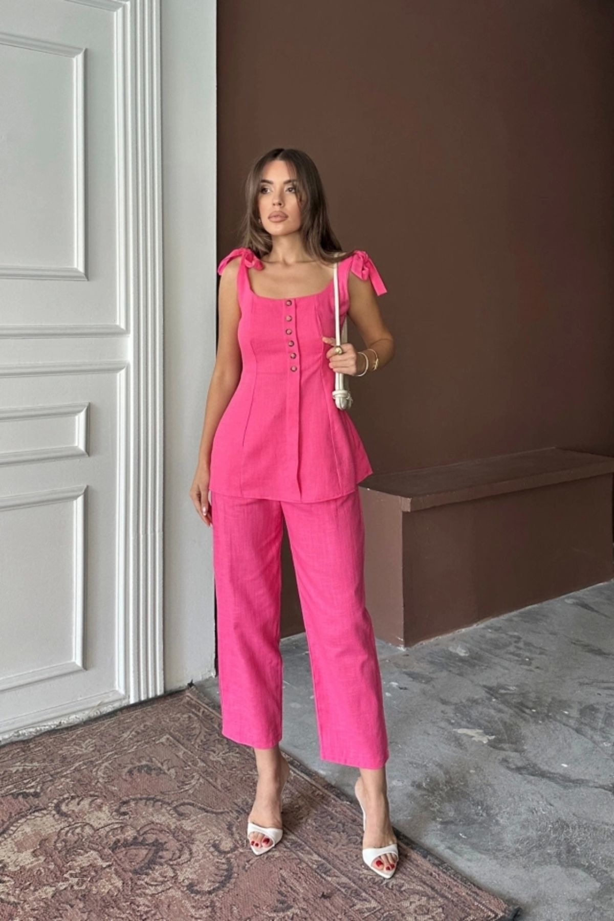 Butik ŞANTUK KETEN YELEK GÖRÜNÜMLÜ ASKILI BLUZ - PANTOLON TK - Fuşya