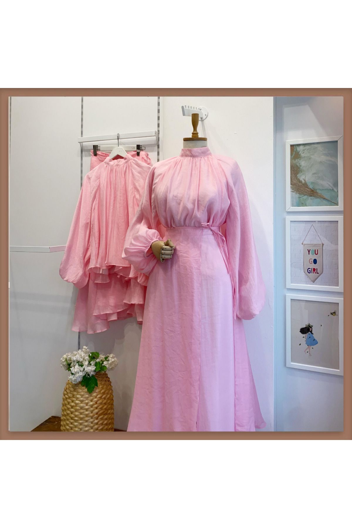 Faya Boutique Dalgalı Şifon Kumaş Pembe Balon Kol Takım