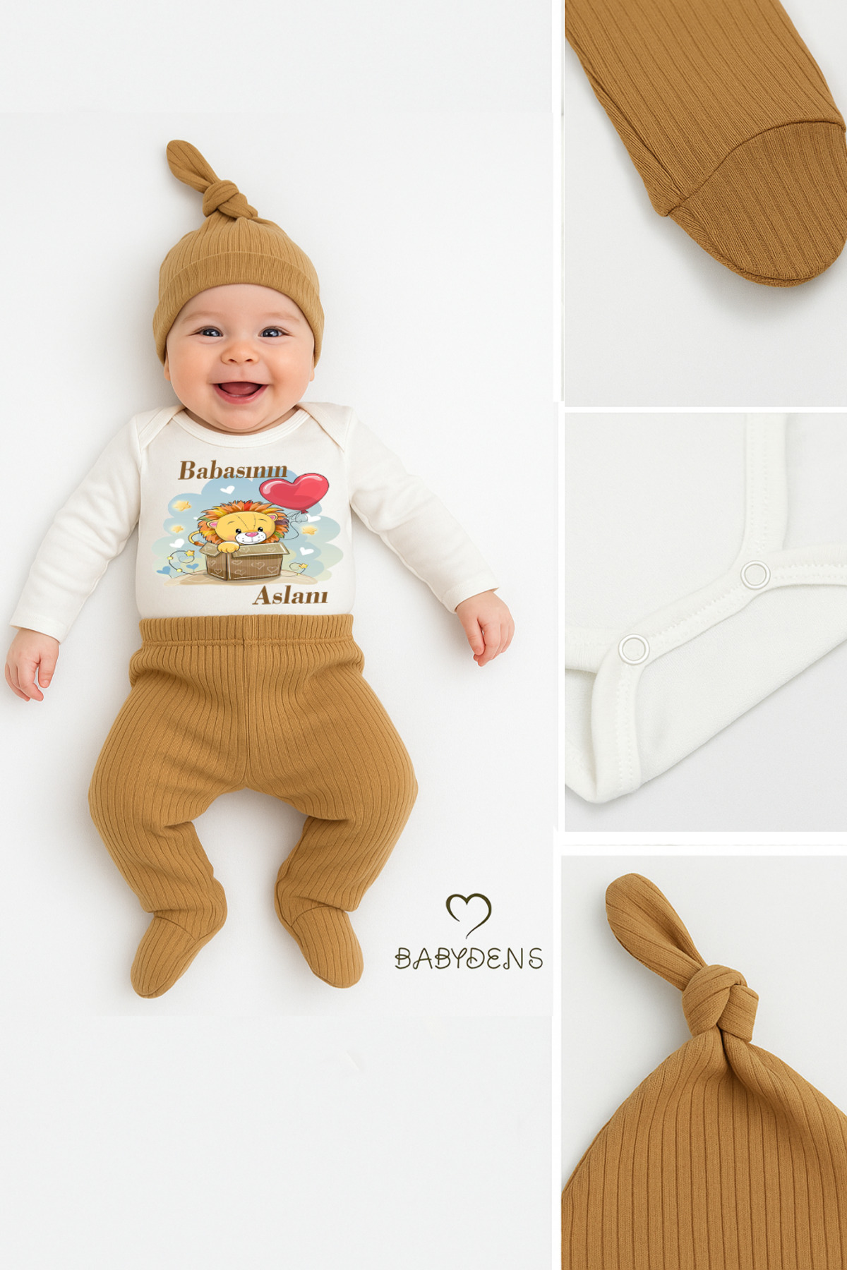 BABYDEN'S Babasının Aslanı Baskılı 3’lü Bebek Takımı Uzun Kol Çıtçıtlı Zıbın, Ribana Pantolon, Bere %100 Pamuk fotoğrafı 4 (önizleme)