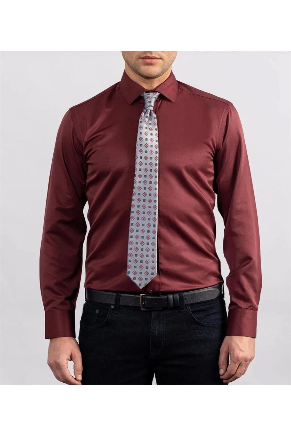 Rio Modern Slim Fit Uzun Kollu Düz Saten Pamuklu Erkek Bordo Gömlek