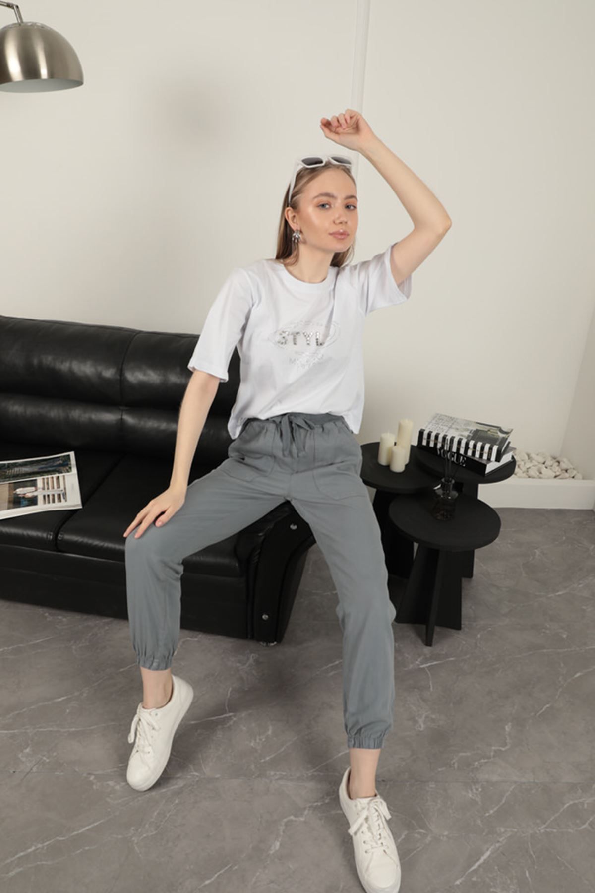 devrialemshoes Gabardin Kumaş Paçası Lastikli Kadın Pantolon-Gri
