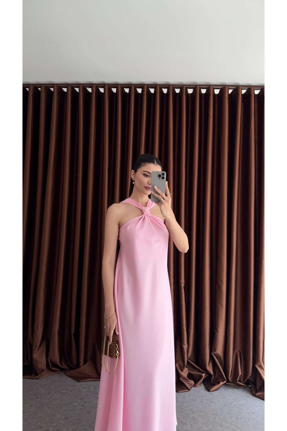 HAZELANNA Tok Saten Pembe Elbise