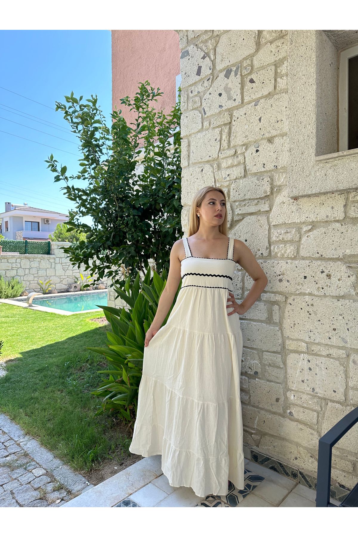 Çeşme Home Yazlık Askılı Keten Elbise Uzun Boy, Astarlı, Rahat Kesim, Şık Davet