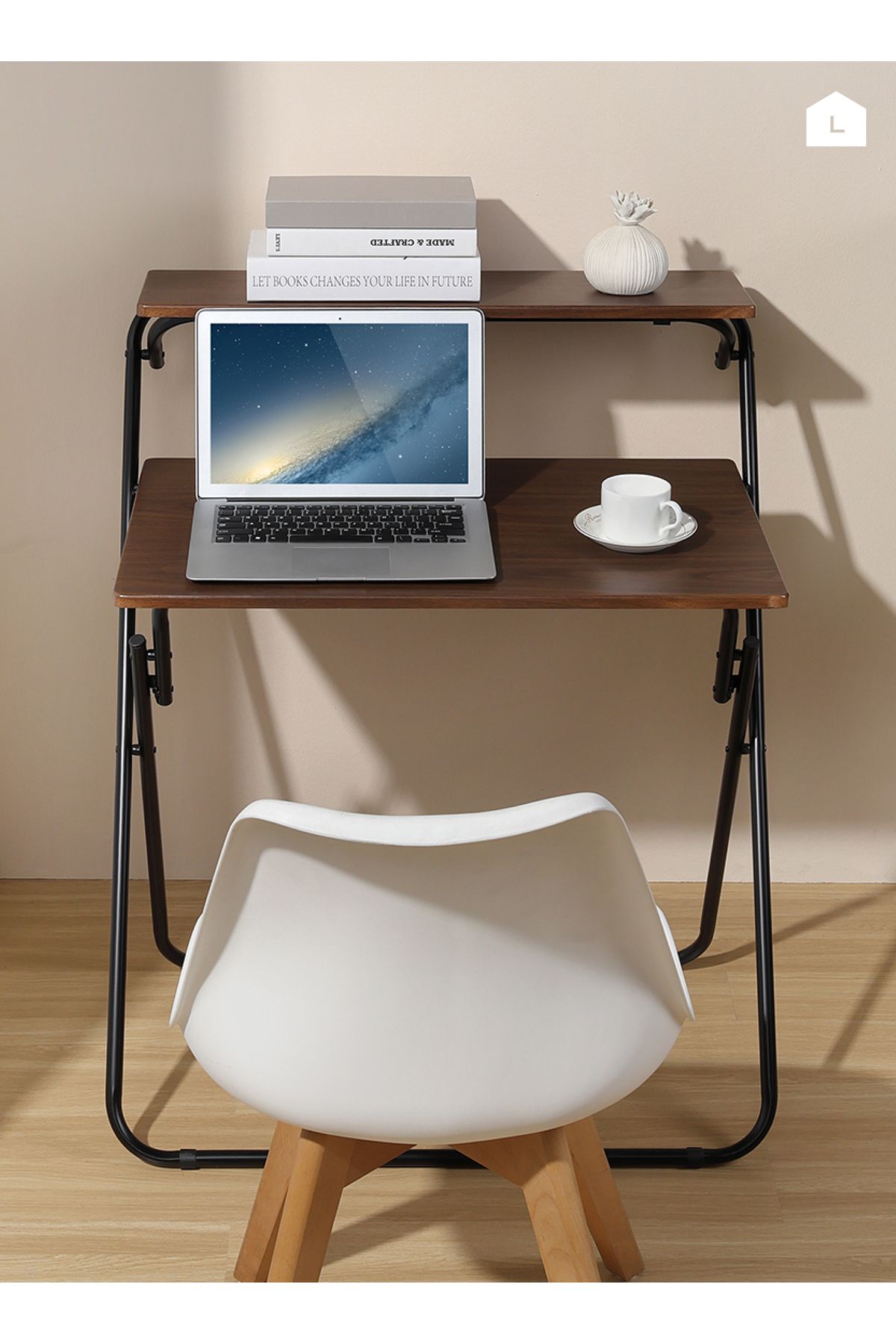 Lawazim-Foldable Computer Desk – 71.5x55x90.5cm – 2-Tier Space-Saving Writing Table with Shelf 6