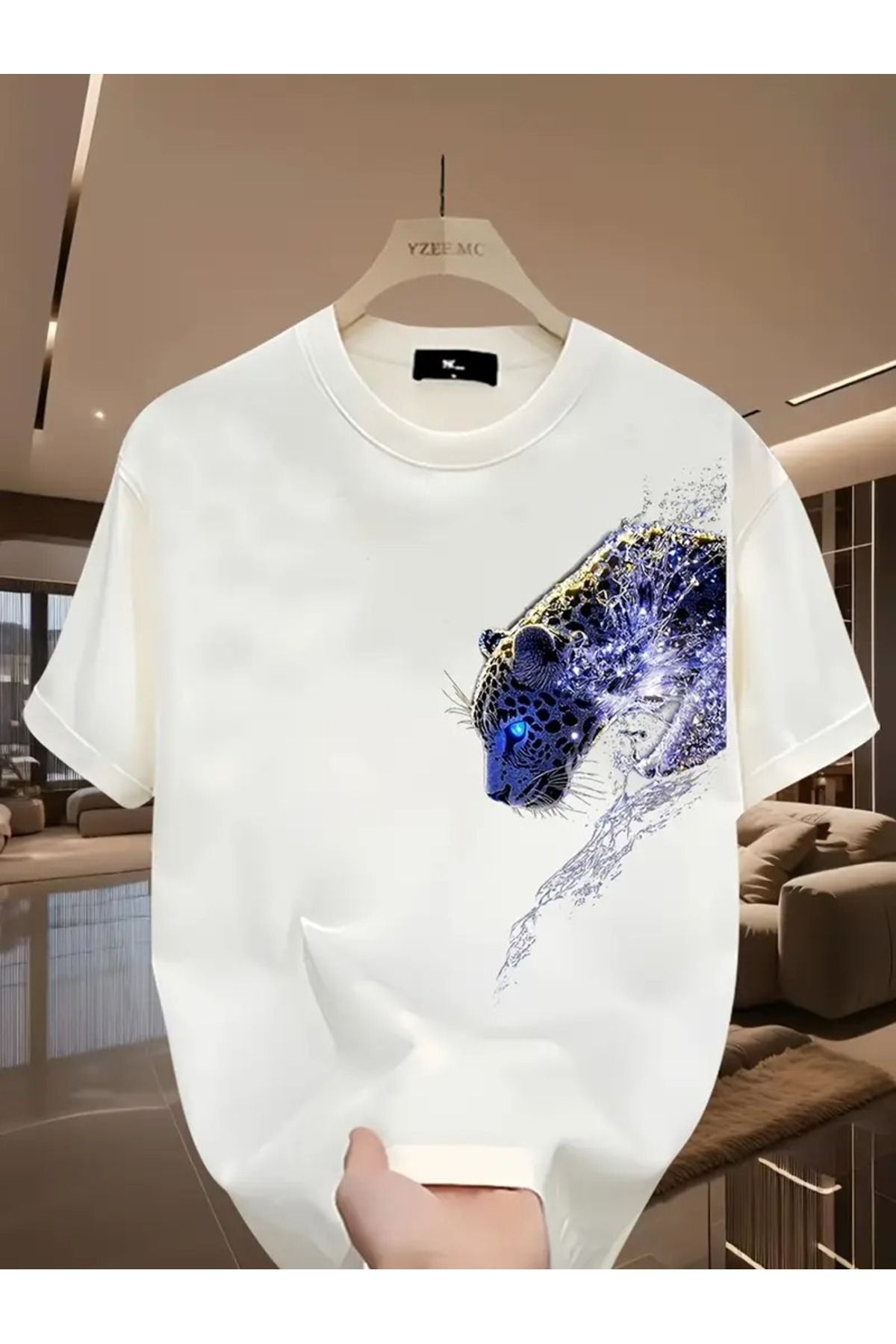 LAND MODA Erkekler için %100 Pamuklu Grafik T-Shirt - Rahat Yaka, Kısa Kollu, Yazlık Leopar Desenli Üst, Raha