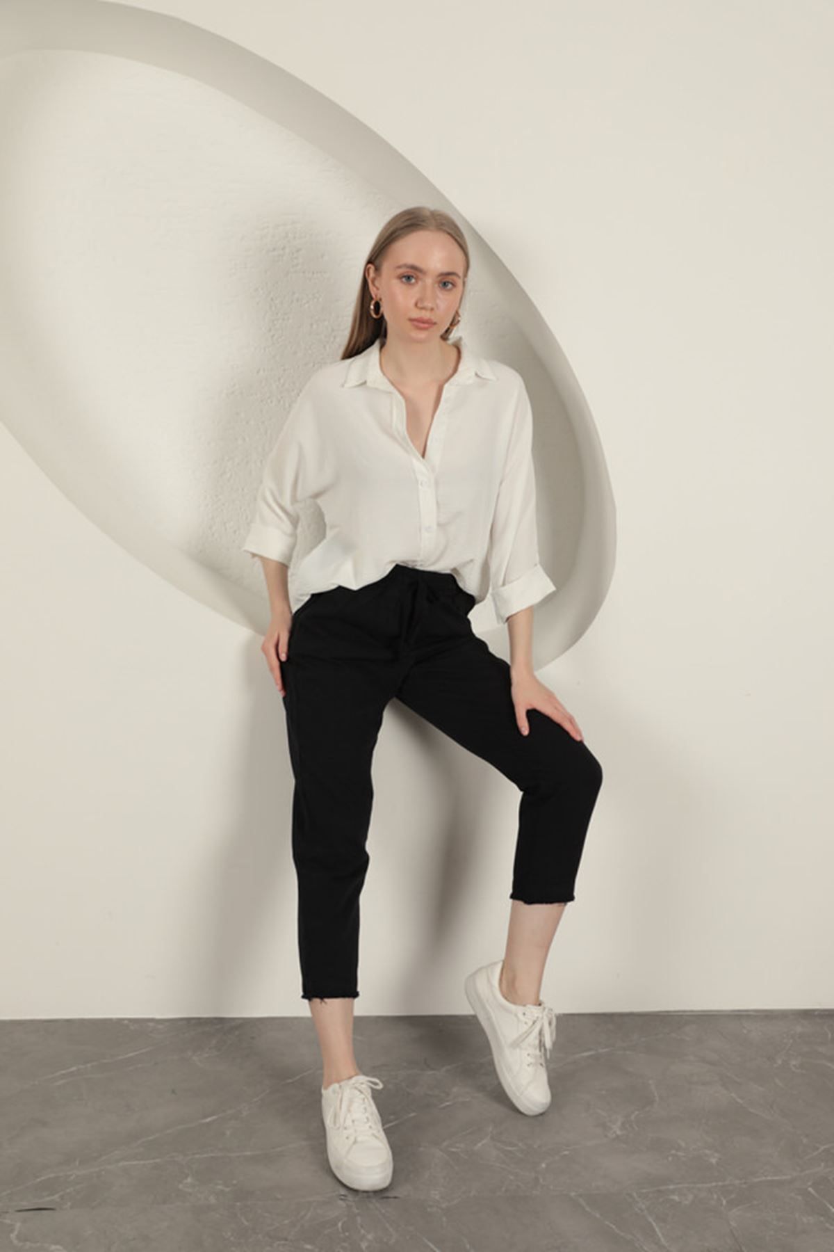 devrialemshoes Gabardin Kumaş Püsküllü Kadın Pantolon-Siyah
