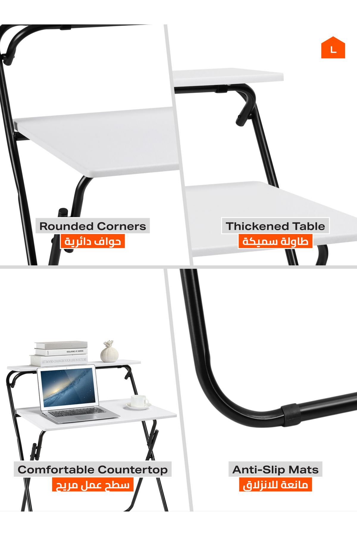 Lawazim-Foldable Computer Desk – 71.5x55x90.5cm – 2-Tier Space-Saving Writing Table with Shelf 4