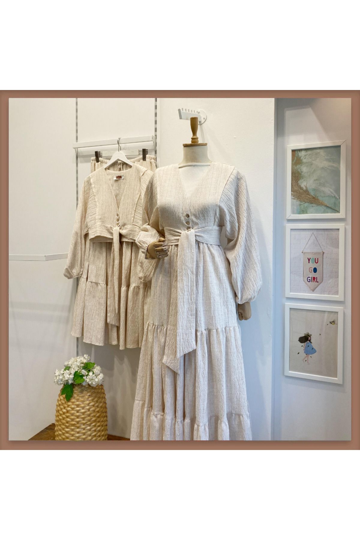 Faya Boutique Ekru Balon Kol Etekli Kirinkıl Takım